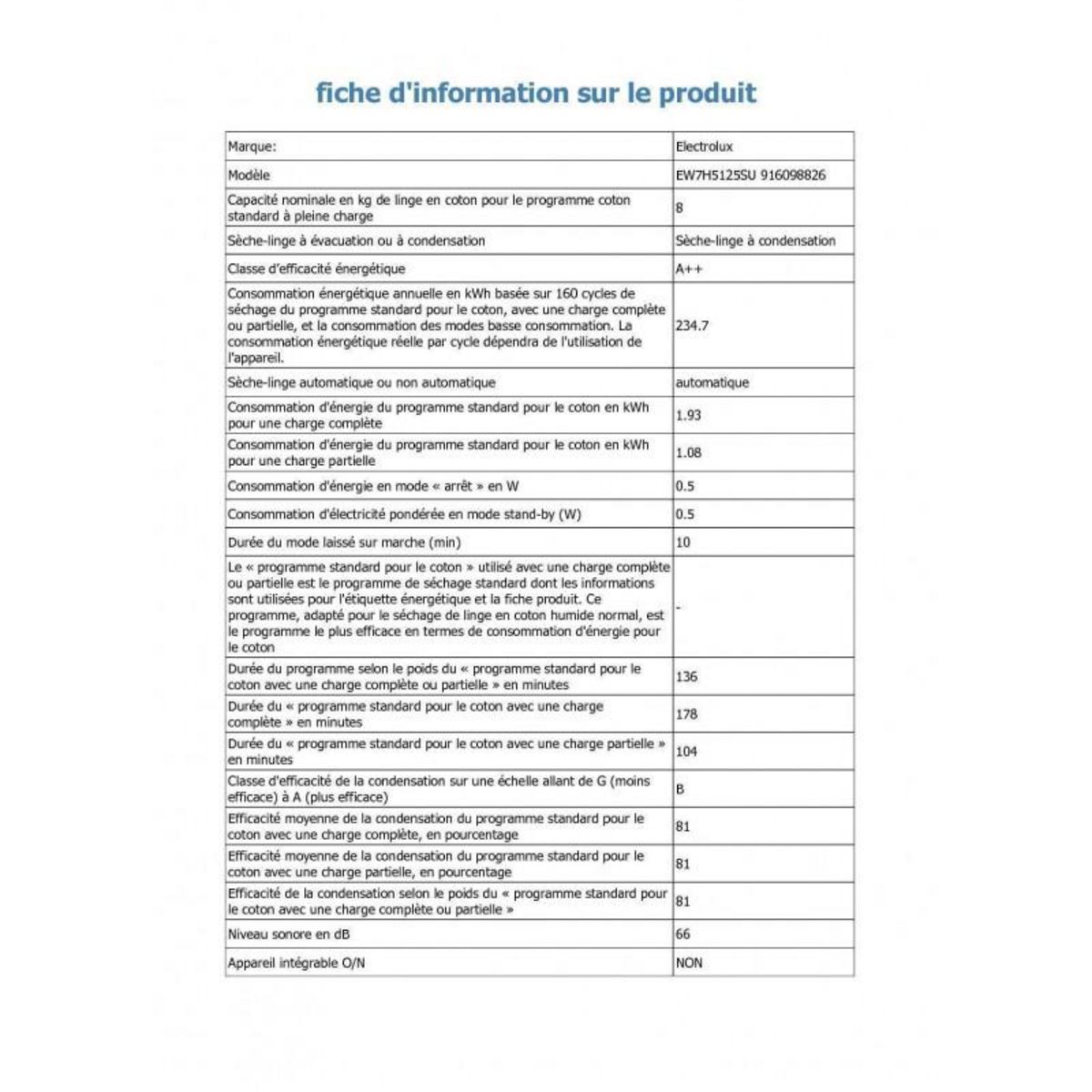 ELECTROLUX Sèche-linge pompe à chaleur à condensation 60cm 8kg blanc - ew7h5125su