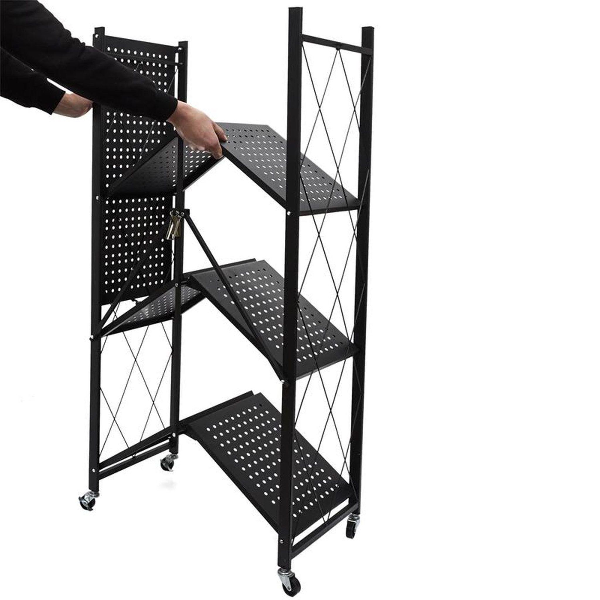 Voir la diapositive 5 : TOILINUX Etagère pliable 4 niveaux en fer et polypropylène - noir