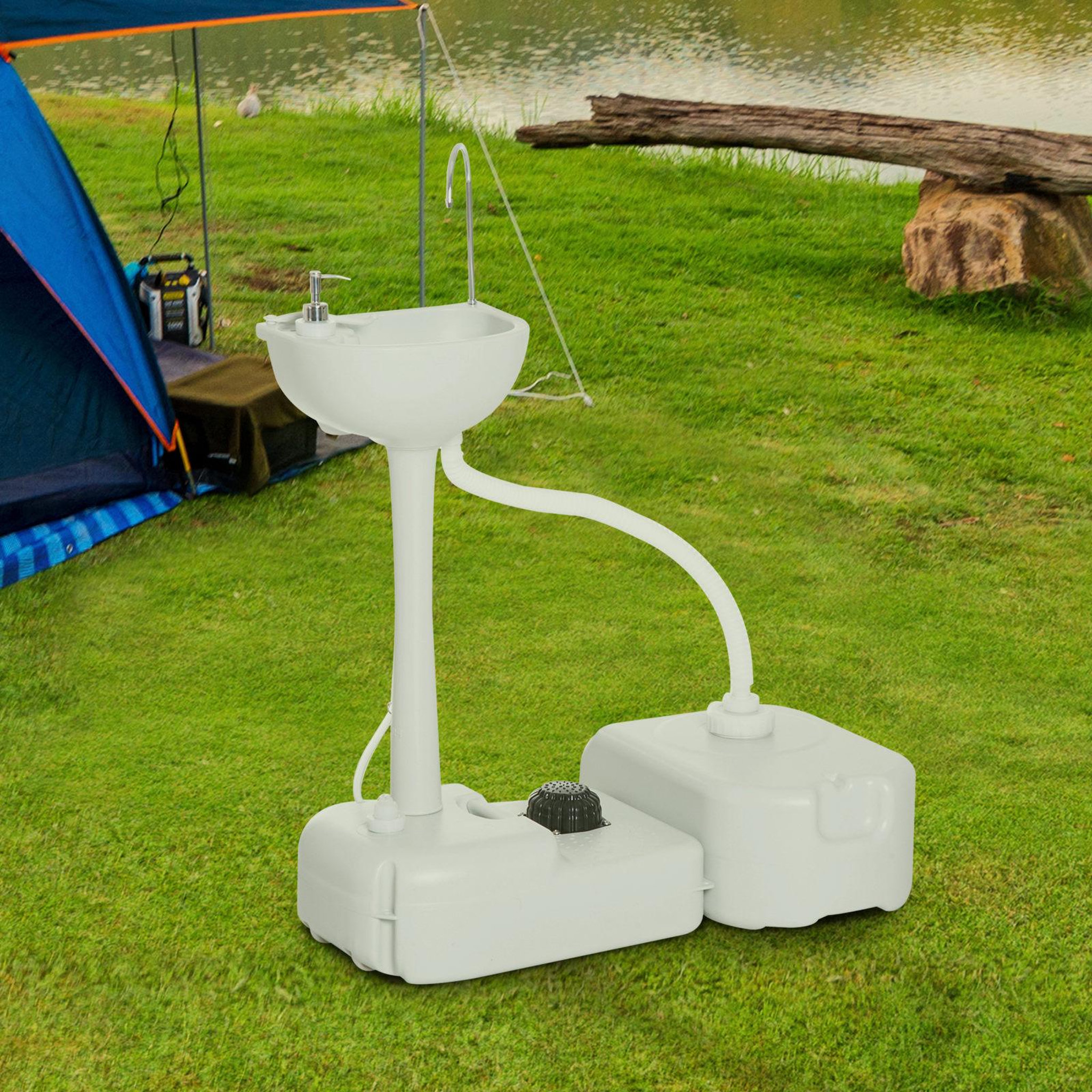 Voir la diapositive 2 : OUTSUNNY Évier à main portable jardin extérieur camping voyager avec réservoir d'eau 17l pompe à pied 83 x 50 x 103 cm gris