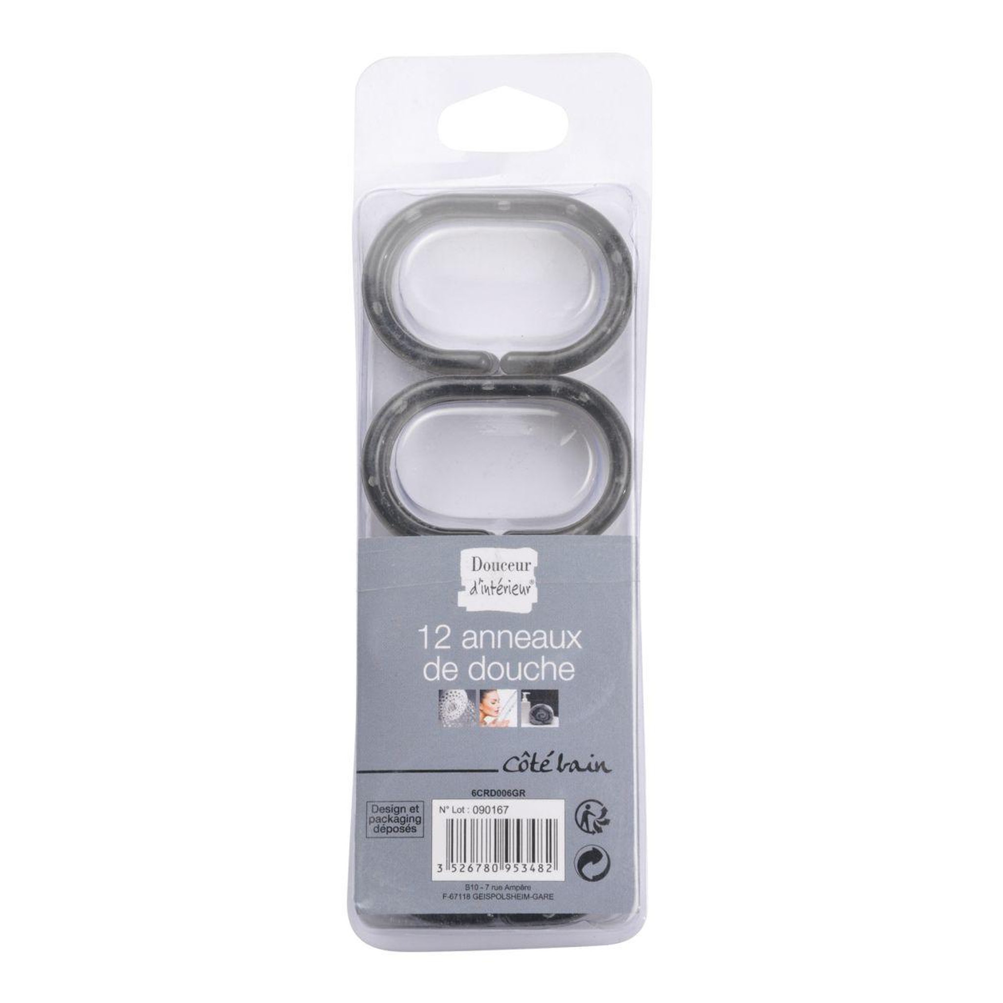 Voir la diapositive 2 : Douceur d'Intérieur Lot de 12 anneaux de rideau de douche translucides  vitamine ii  6cm anthracite
