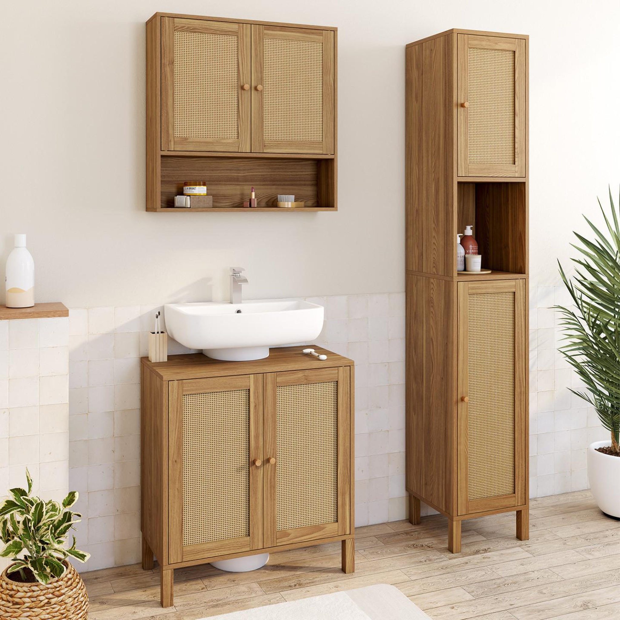 Voir la diapositive 3 : ID MARKET Meuble sous lavabo salle de bain hanae effet naturel cannage