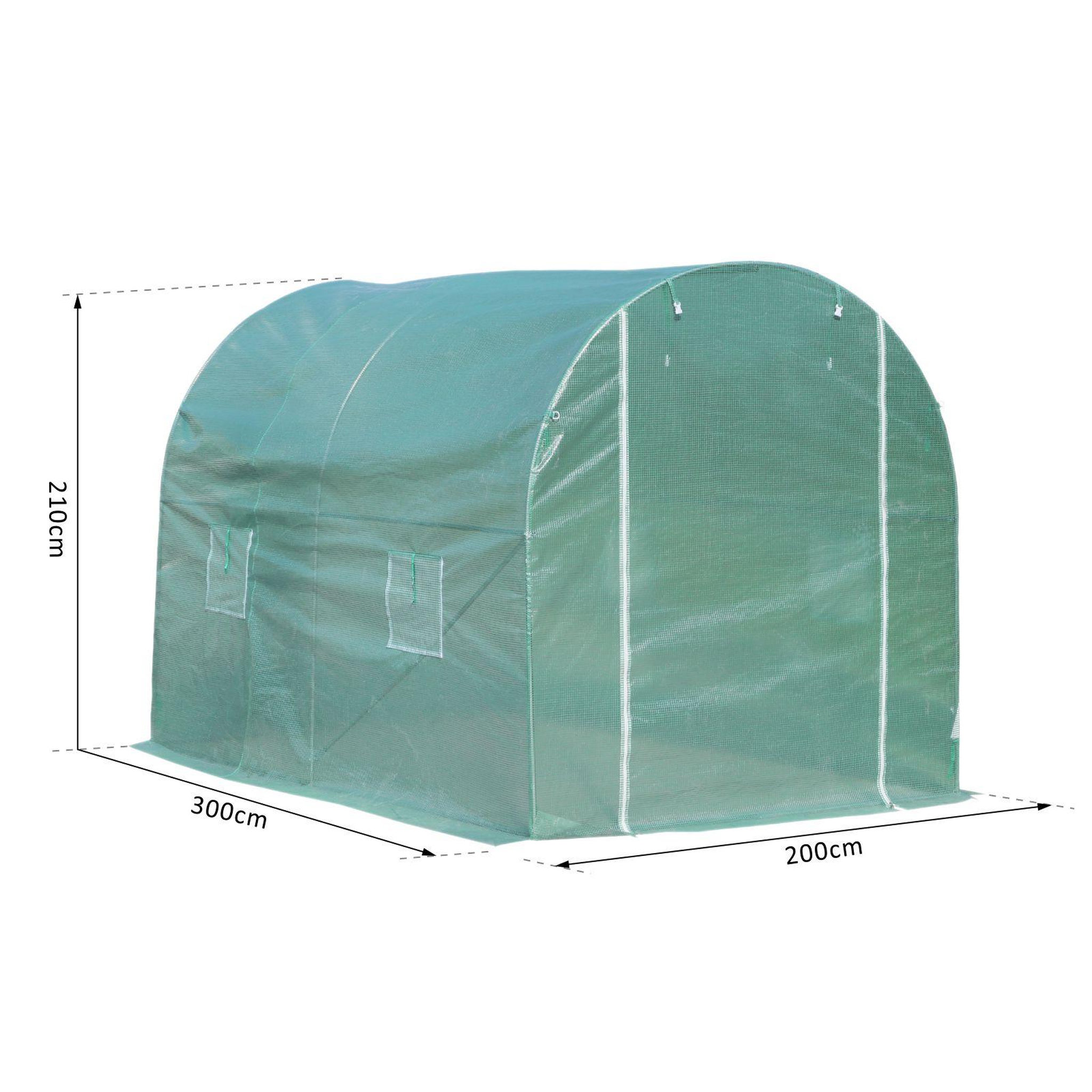 Voir la diapositive 3 : OUTSUNNY Serre de jardin tunnel surface sol 6 m² 3l x 2l x 2,10h m châssis tubulaire renforcé porte zippée 4 fenêtres enroulables vert