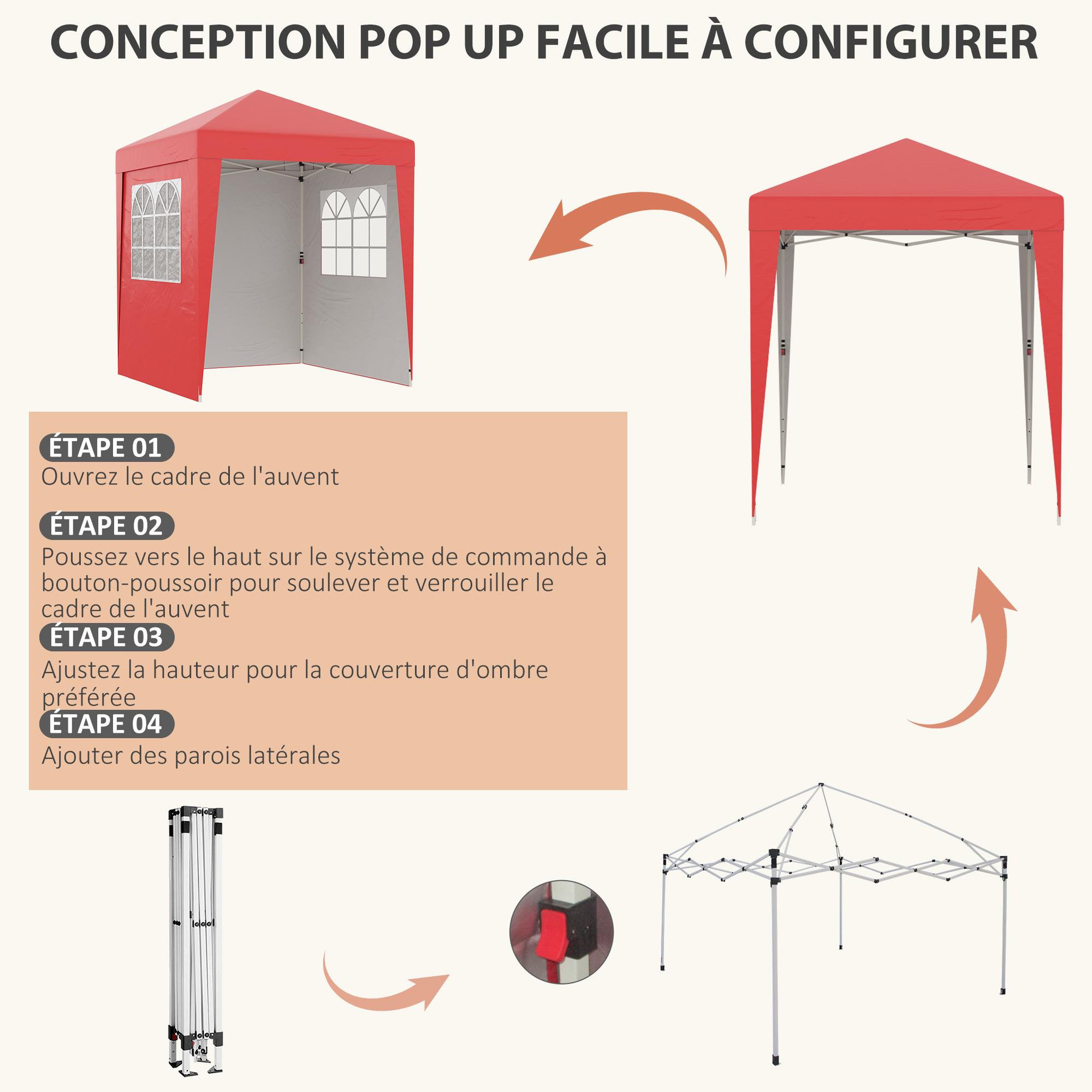 Voir la diapositive 4 : OUTSUNNY Tonnelle de jardin pliante pop-up réglable anti-UV 30+ 4 sacs lestage sac de transport rouge