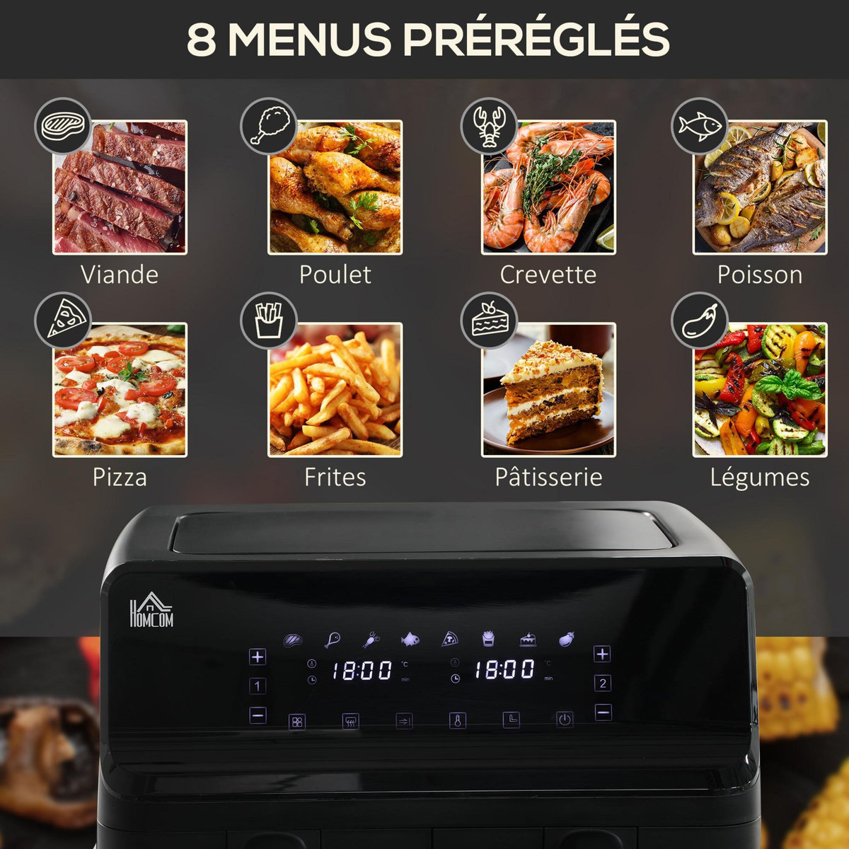 HOMCOM Friteuse à air 2 paniers 2500W 8L - friteuse sans huile multifonction 8 programmes - température réglable - timer 60 min. - noir