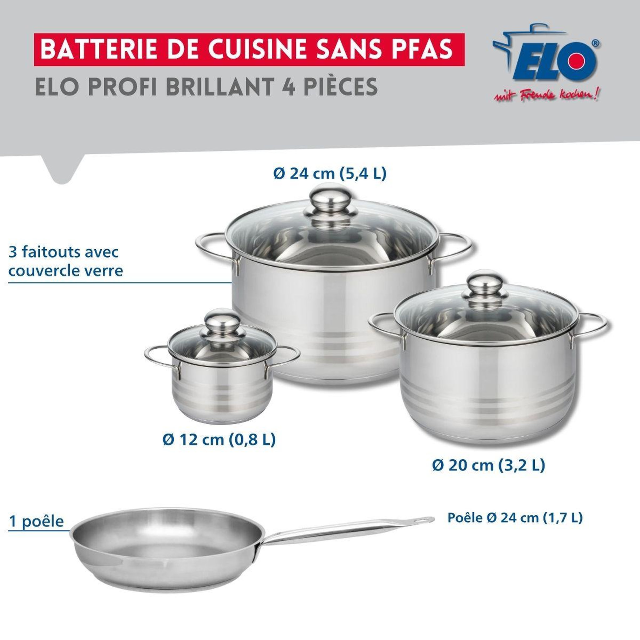 Voir la diapositive 2 : ELO Ensemble de 1 poêle de cuisson 24 cm et 3 faitouts 12, 20 et 24 cm elo profi brillant