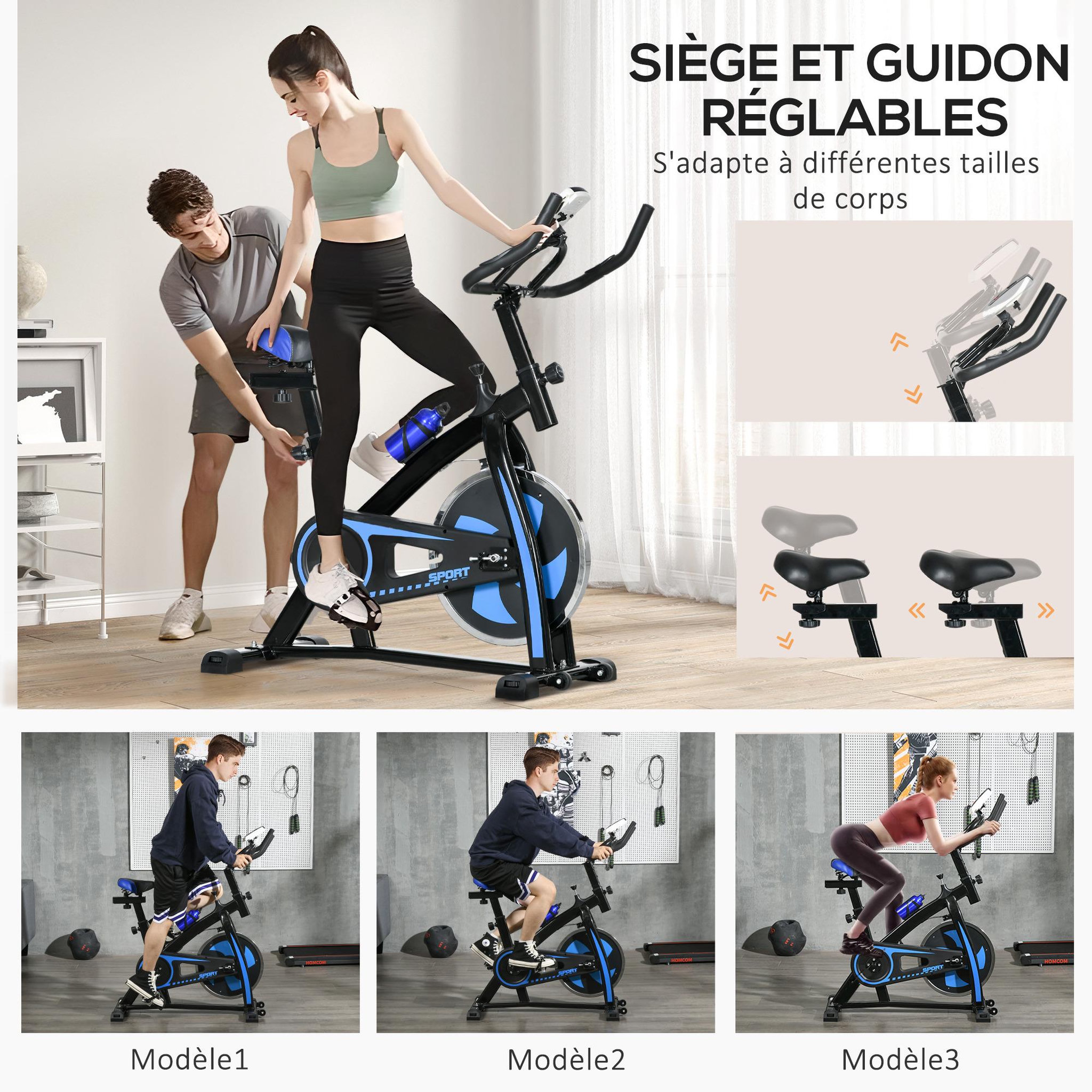 Voir la diapositive 6 : HOMCOM Vélo d'appartement cardio - vélo biking - écran LCD multifonction, selle, guidon réglable, volant inertie 8 Kg - acier bleu noir