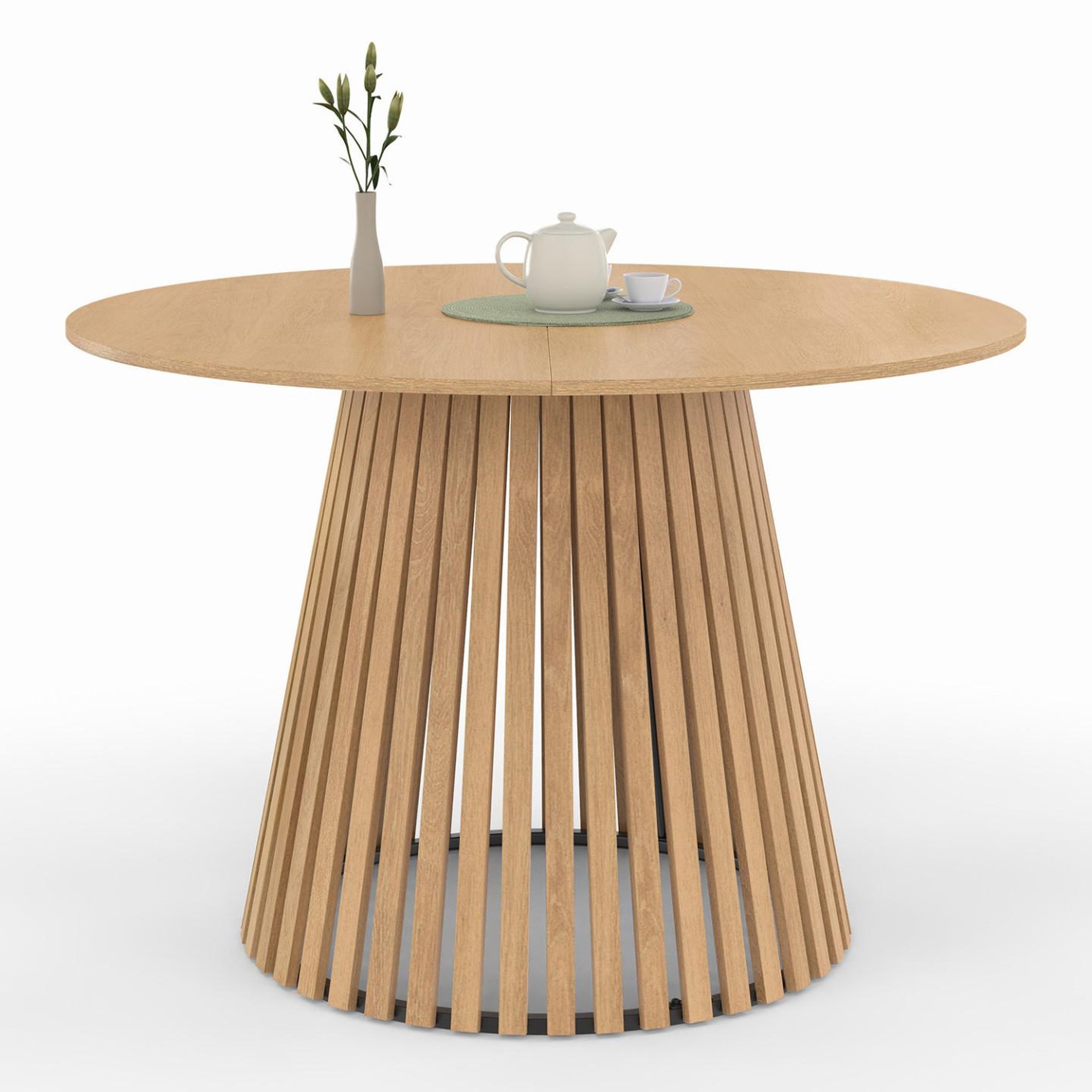 ID MARKET Table à manger ronde carmen 6 personnes pied bois en lattes et plateau bois 110 cm