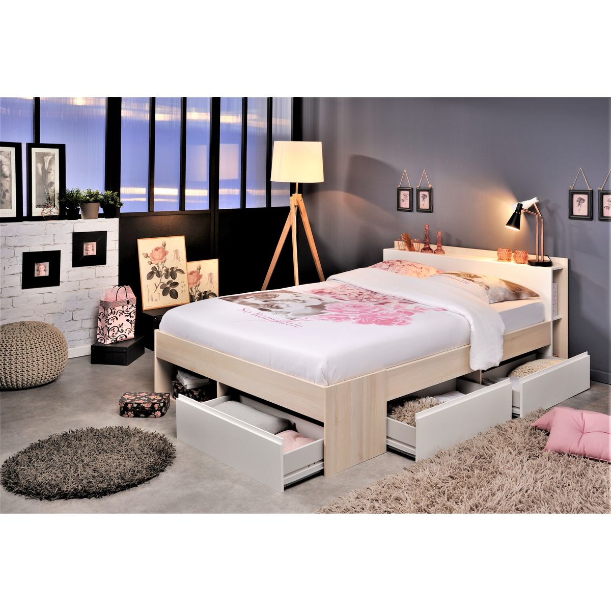 Lit double adulte 160x200 cm avec rangements BOOST