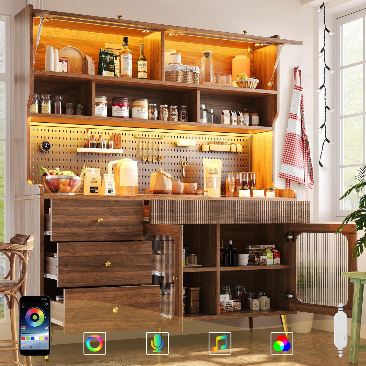 MERAX Buffet de cuisine 4 portes 4 tiroirs - 144,9 cm noyer led mdf