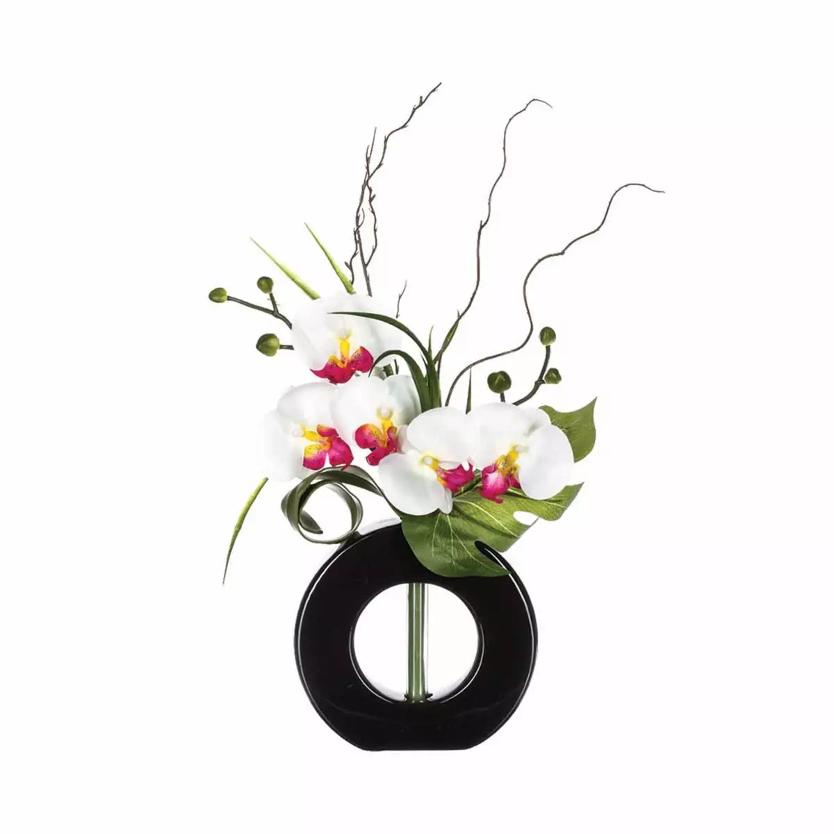 ATMOSPHERA Composition florale vase noir mat - Hauteur 44 cm - Orchidée fleur rose