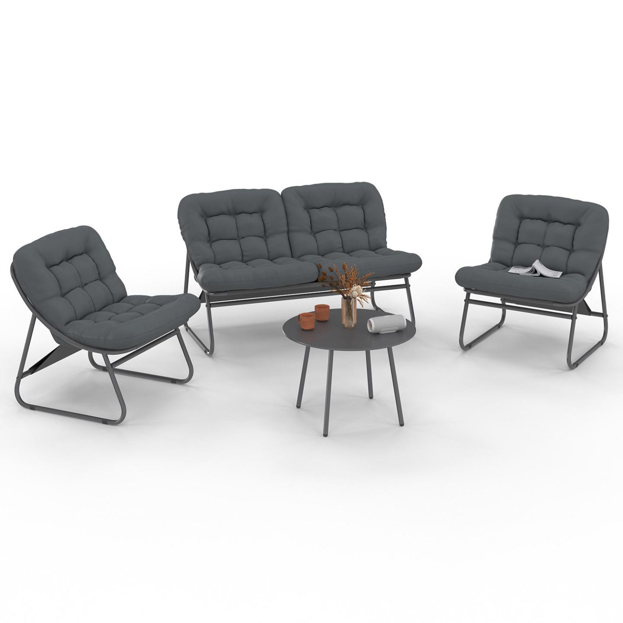 ID MARKET Salon de jardin bas arona 4 places en acier gris anthracite et coussins gris avec canapé, fauteuils et table