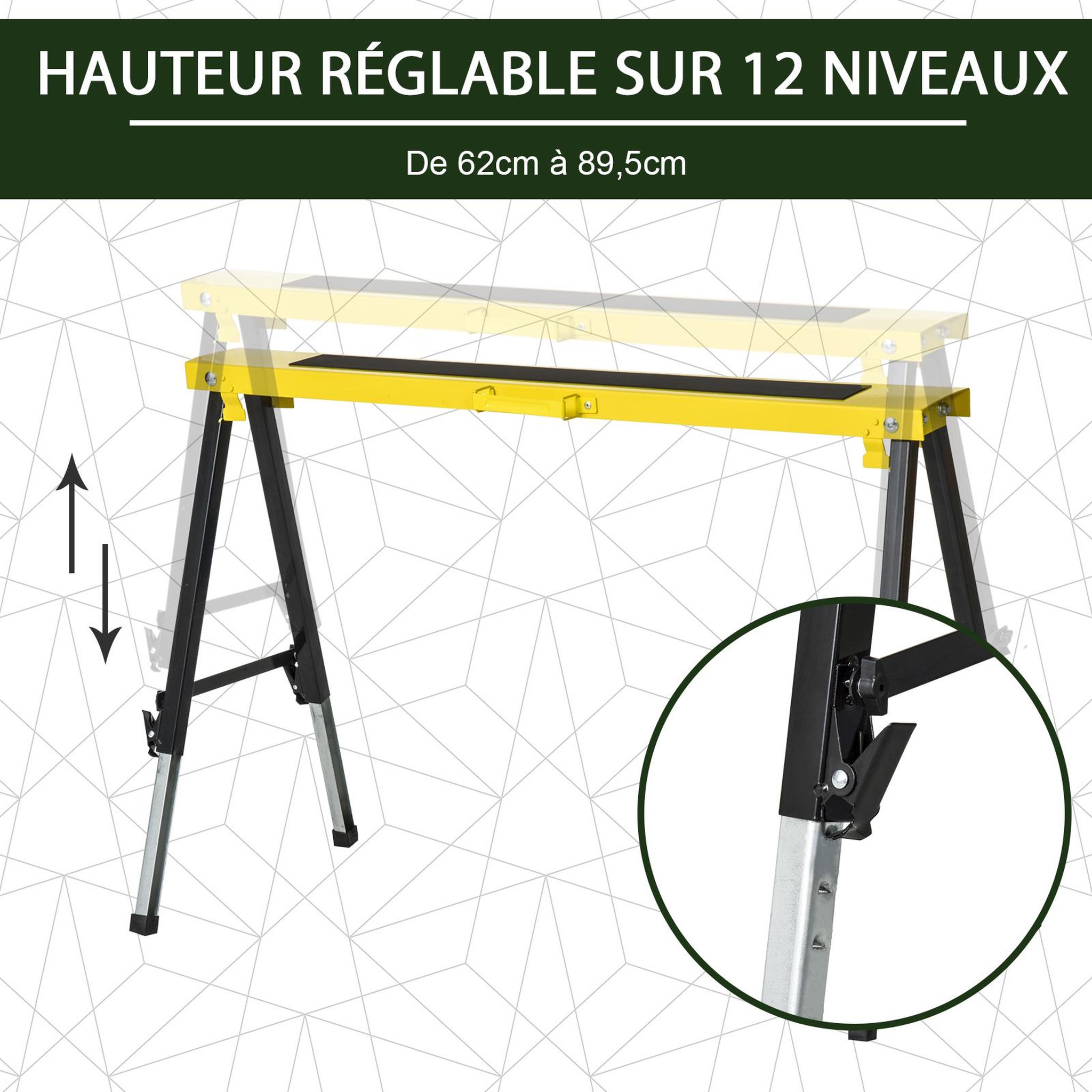 Voir la diapositive 5 : HOMCOM Lot de 2 tréteaux pliables telescopiques poignée transport dim. 100L x 49l x 62-89,5H cm surface antidérapante métal noir jaune