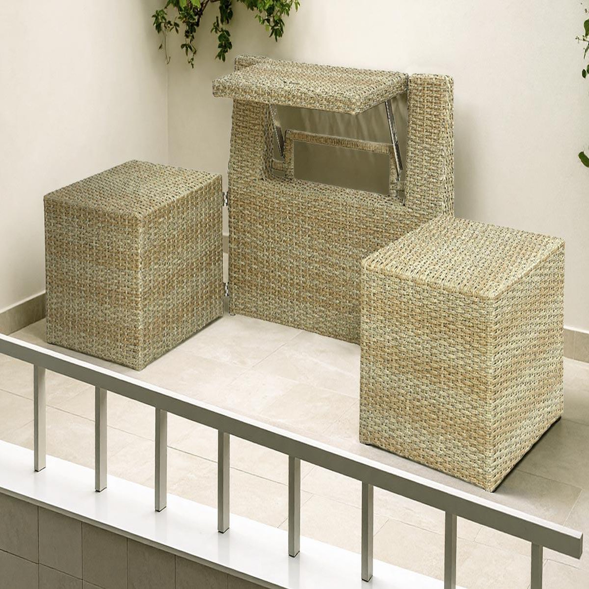 Voir la diapositive 2 : JARDIDECO Ensemble de balcon table et pouf ou banc naturel java - jardideco