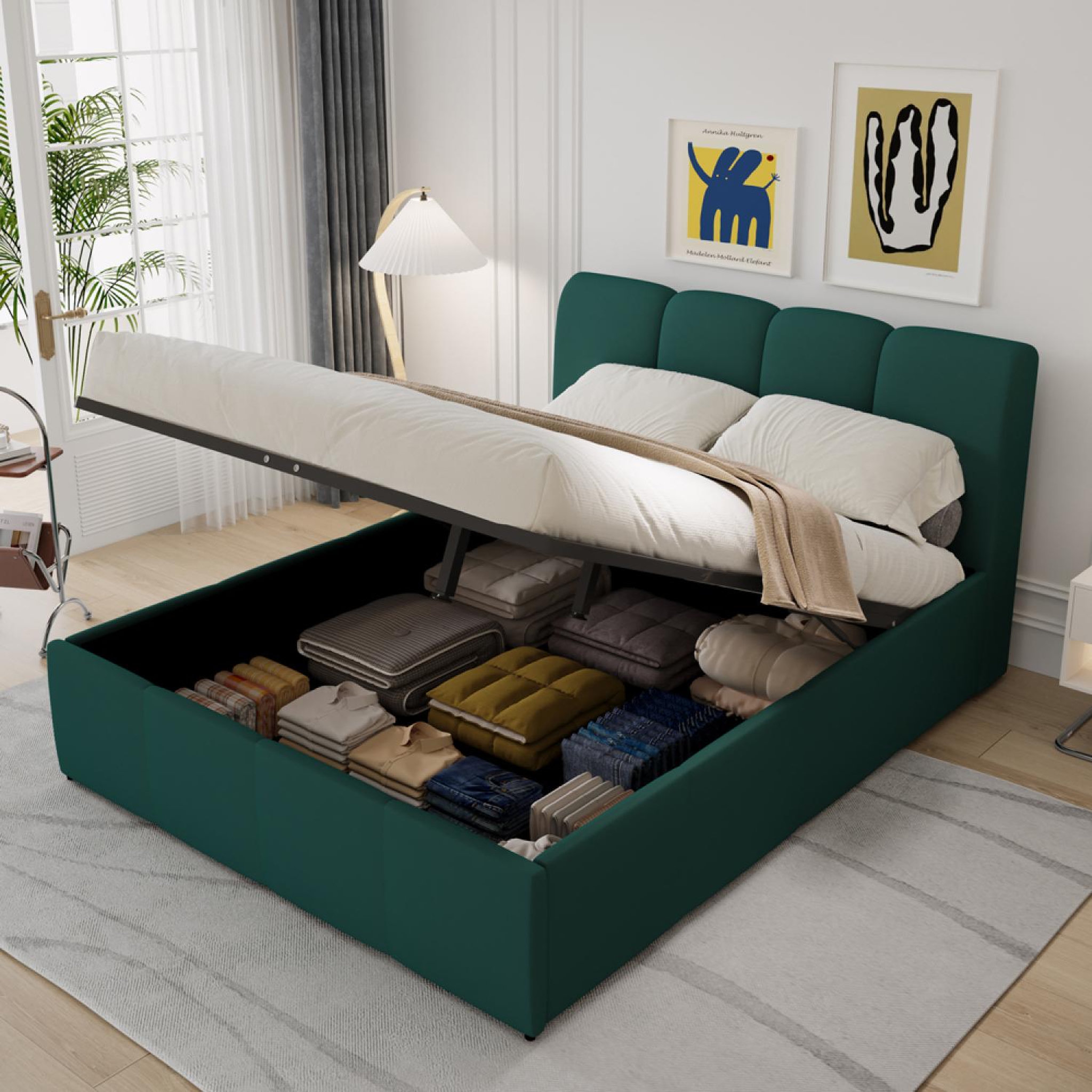 Voir la diapositive 2 : CONCEPT USINE Lit coffre style nuage led 160x200cm velours vert baltimore