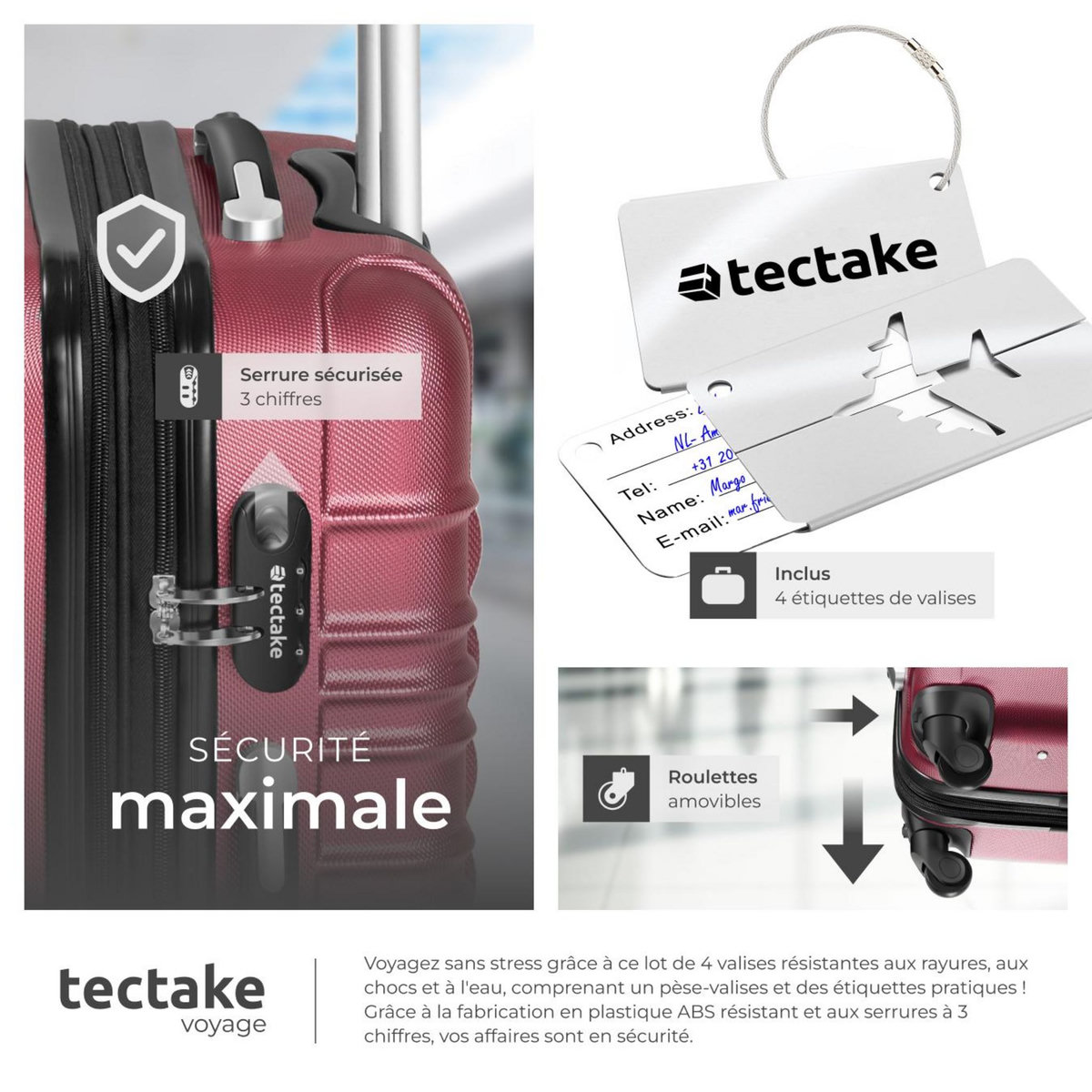 tectake Set de valises rigides 4 pièces en plastique ABS robuste, pèse-bagages et une étiquette de valise incluses rouge bordeaux