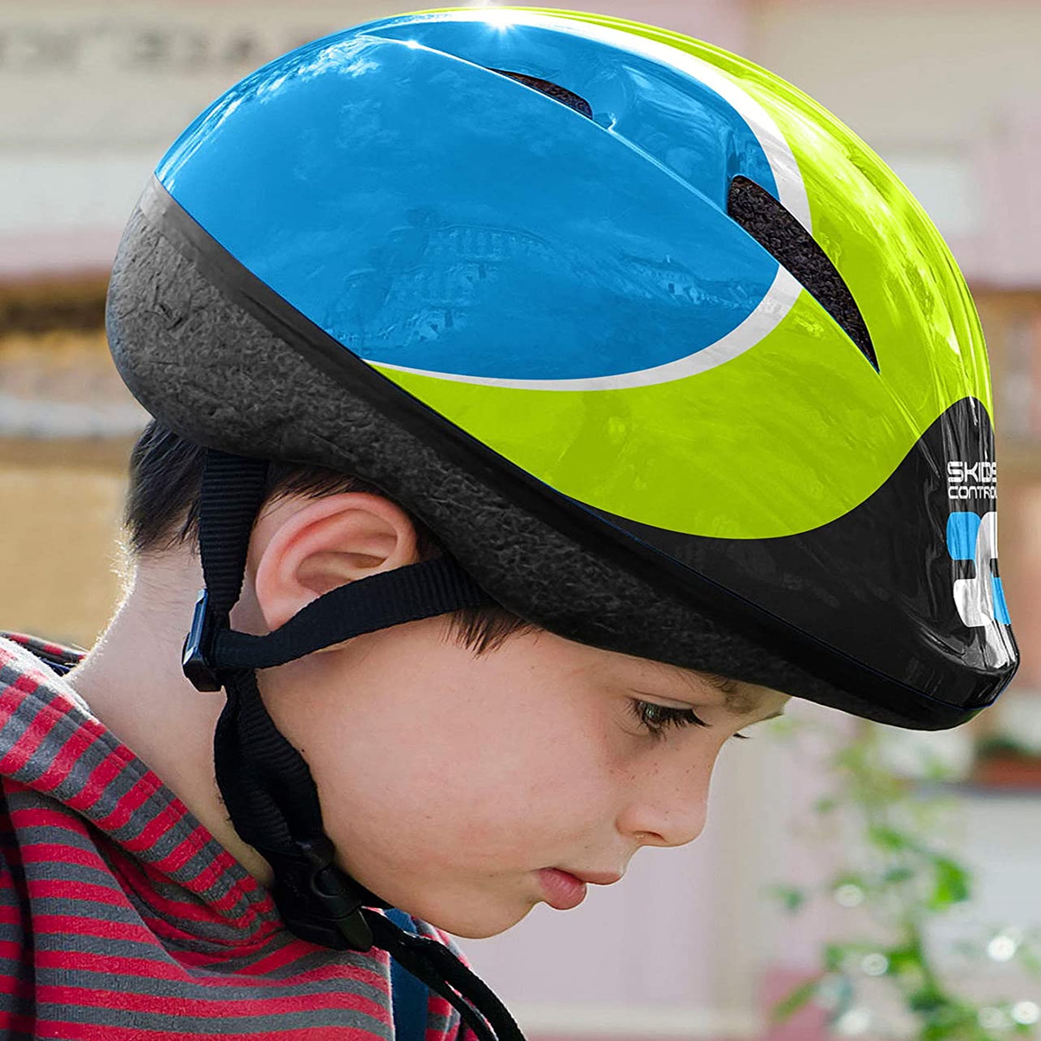 Voir la diapositive 6 : Skids Control Set de protection : Casque + Coudières/Genouillères Bleu - 52/56 cm