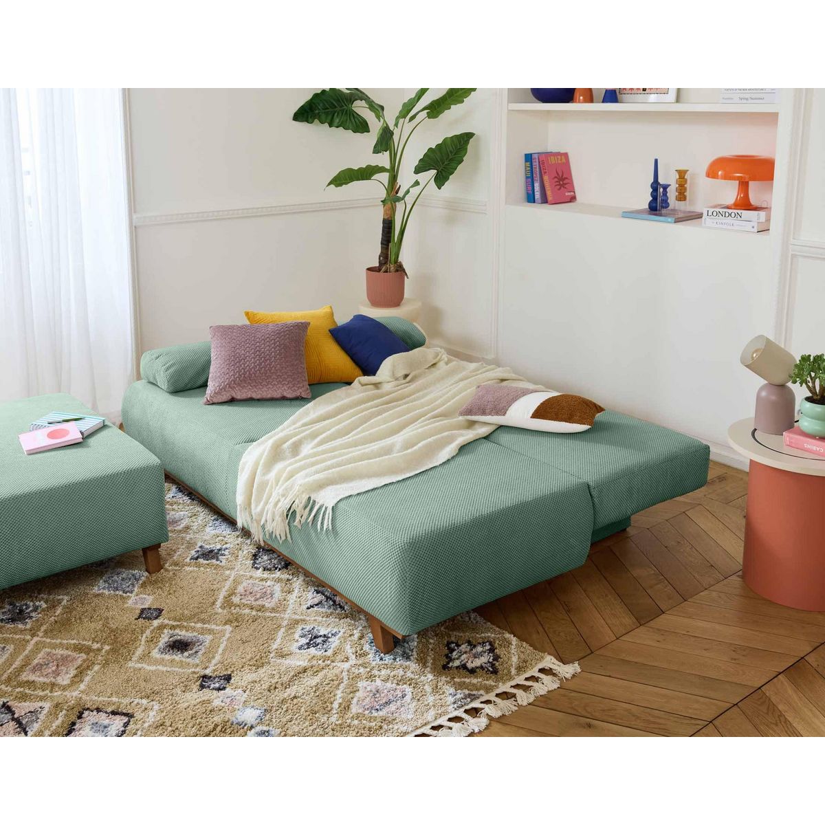 BEST MOBILIER Cristal - canapé 3 places - convertible avec coffre et grand pouf - en velours texturé