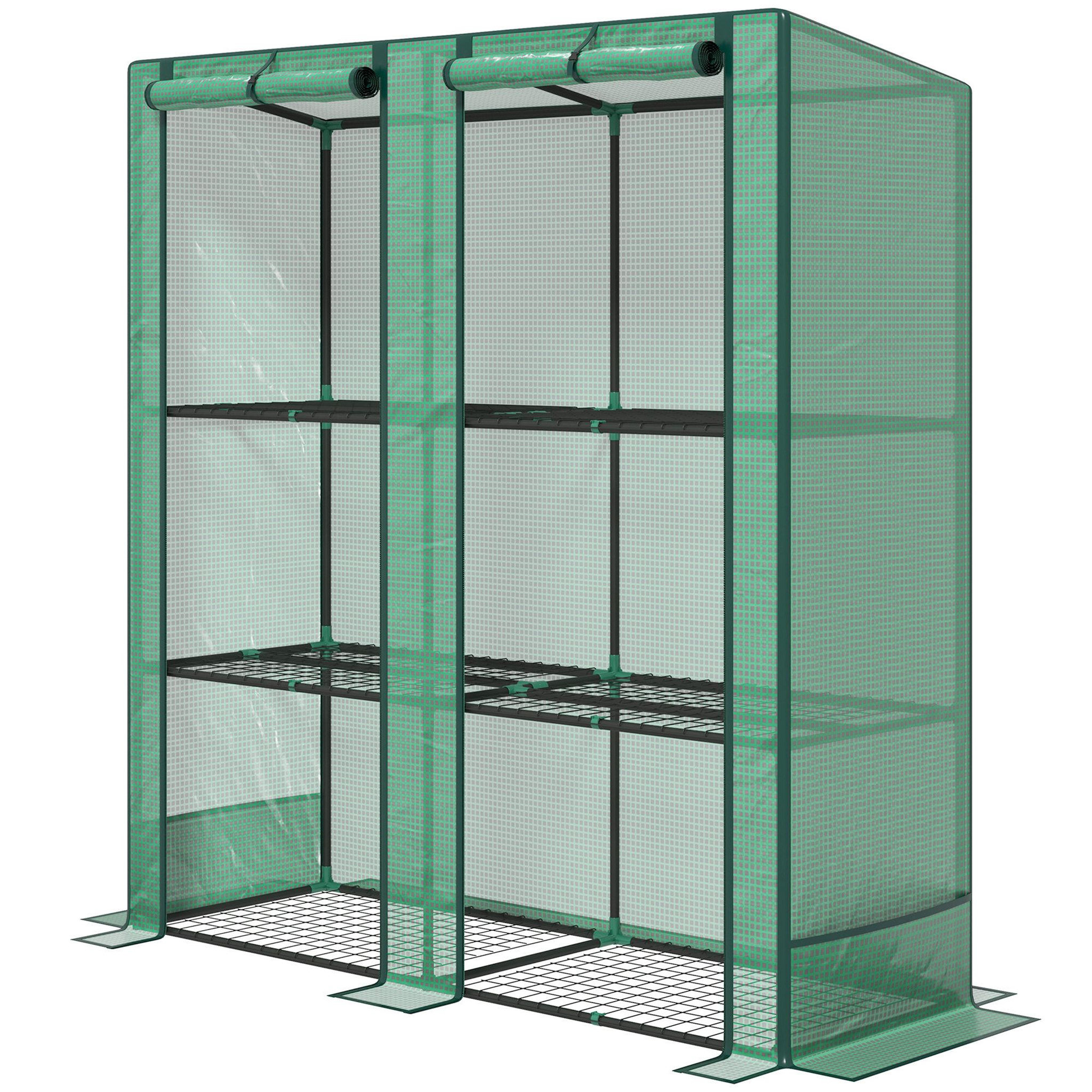 Voir la diapositive 2 : OUTSUNNY Serre de jardin balcon avec étagères métalliques 3 niveaux 2 portes acier noir pe vert