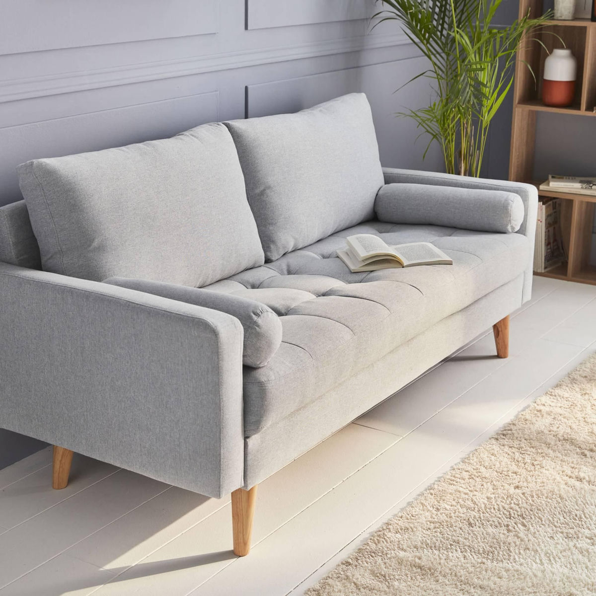 SWEEEK Canapé en tissu gris clair. 3 places scandinave fixe. droit. pieds bois