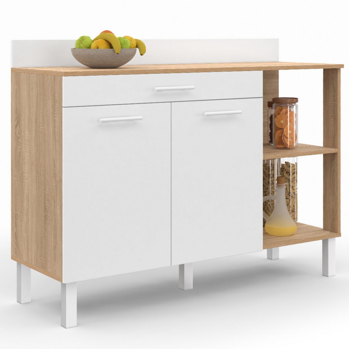 ID MARKET Buffet bas de cuisine 120 cm CINA plan de travail H.83 cm 2 portes + tiroir façon hêtre et blanc