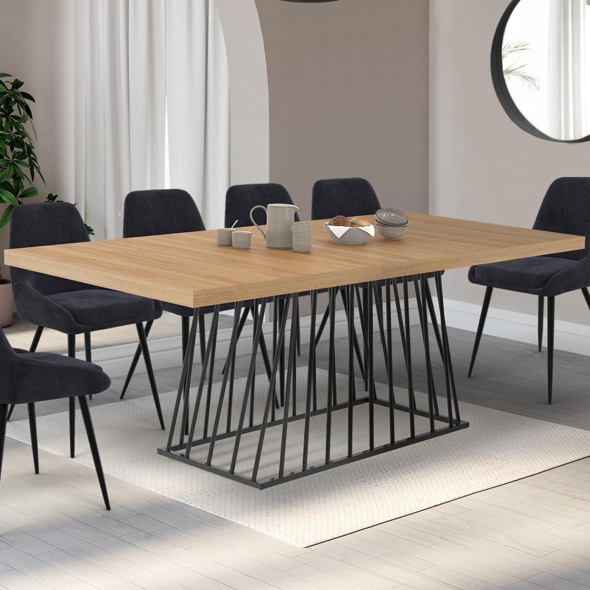 ID MARKET Table à manger extensible rectangle YUNA 6-10 personnes plateau bois et pied filaire en métal noir 160 - 200 cm