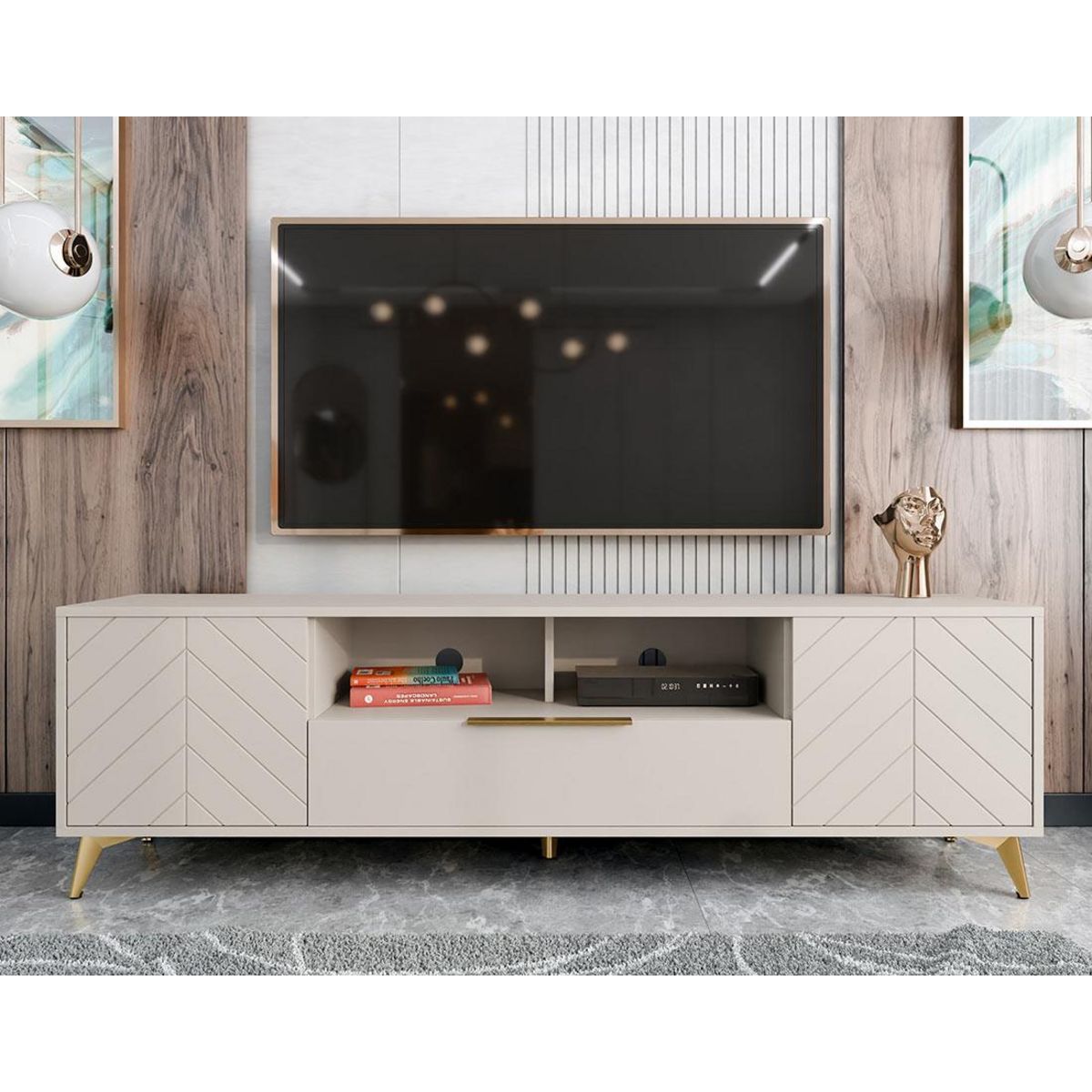 BEST MOBILIER Boccioni - meuble tv - beige - 2 portes, 1 tiroir et 1 niche - 200 cm