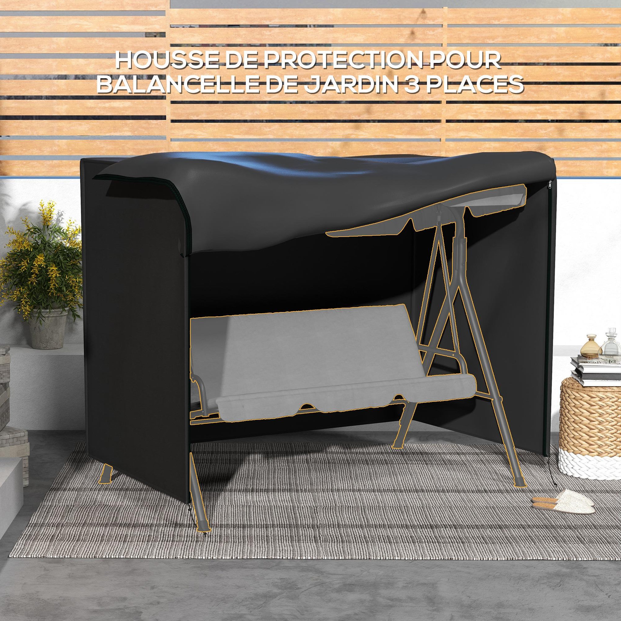 Voir la diapositive 6 : OUTSUNNY Housse de protection balancelle de jardin 3 places bâche étanche dim. 2,05l x 1,24l x 1,64h m polyester pvc haute densité noir