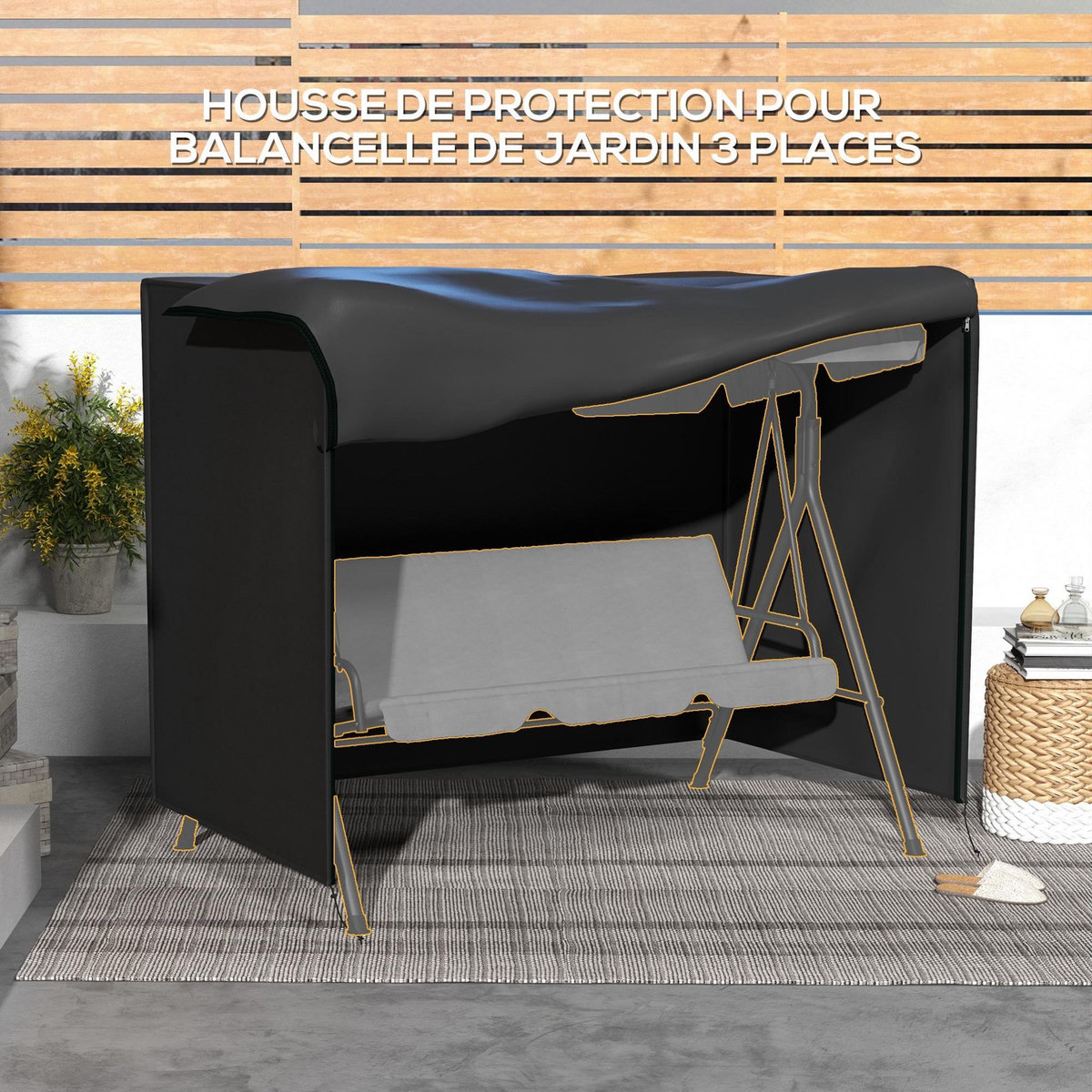 OUTSUNNY Housse de protection balancelle de jardin 3 places bâche étanche dim. 2,05L x 1,24l x 1,64H m polyester PVC haute densité noir