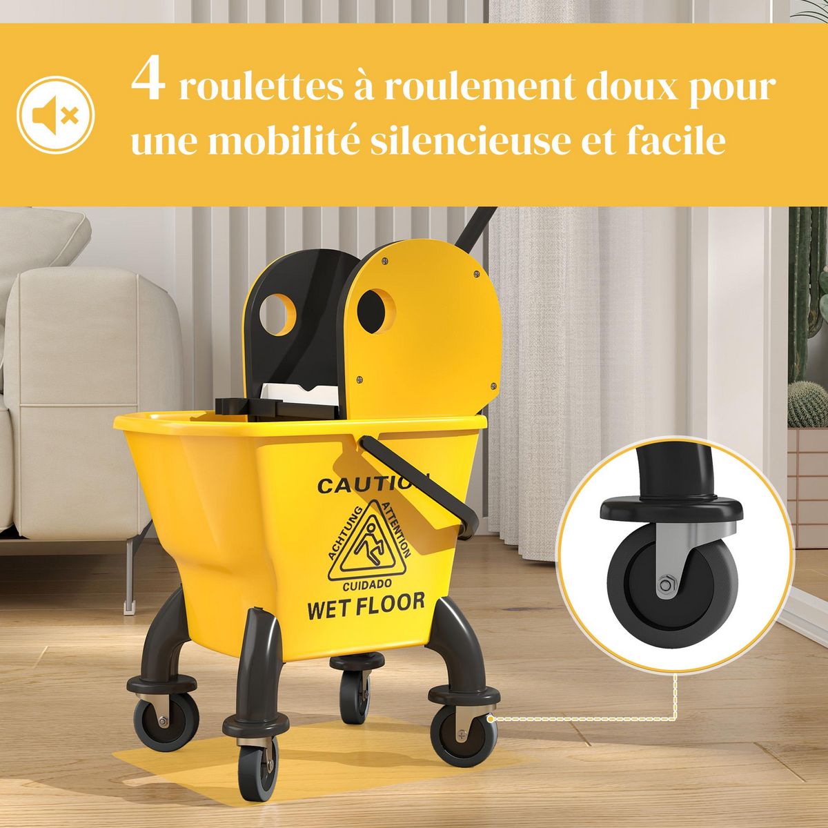 HOMCOM Chariot de ménage chariot de lavage chariot de nettoyage avec essoreuse à pression seau 26L et serpillère jaune