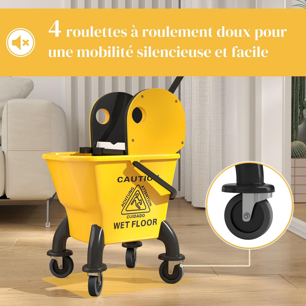 HOMCOM Chariot de ménage chariot de lavage chariot de nettoyage avec essoreuse à pression seau 26L et serpillère jaune