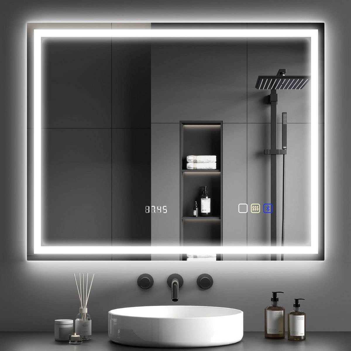 HOMCOM Miroir lumineux LED salle de bain 100 x 80 cm bluetooth interrupteur tactile lumière réglable 3 couleurs fonction anti-buée et mémoire