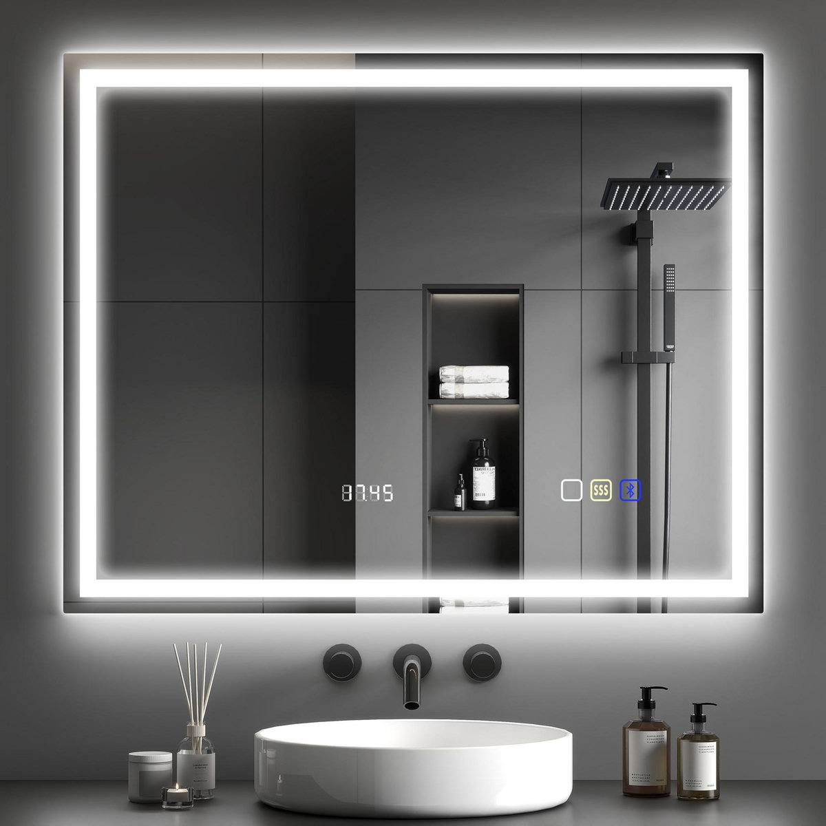HOMCOM Miroir lumineux LED salle de bain 100 x 80 cm bluetooth interrupteur tactile lumière réglable 3 couleurs fonction anti-buée et mémoire