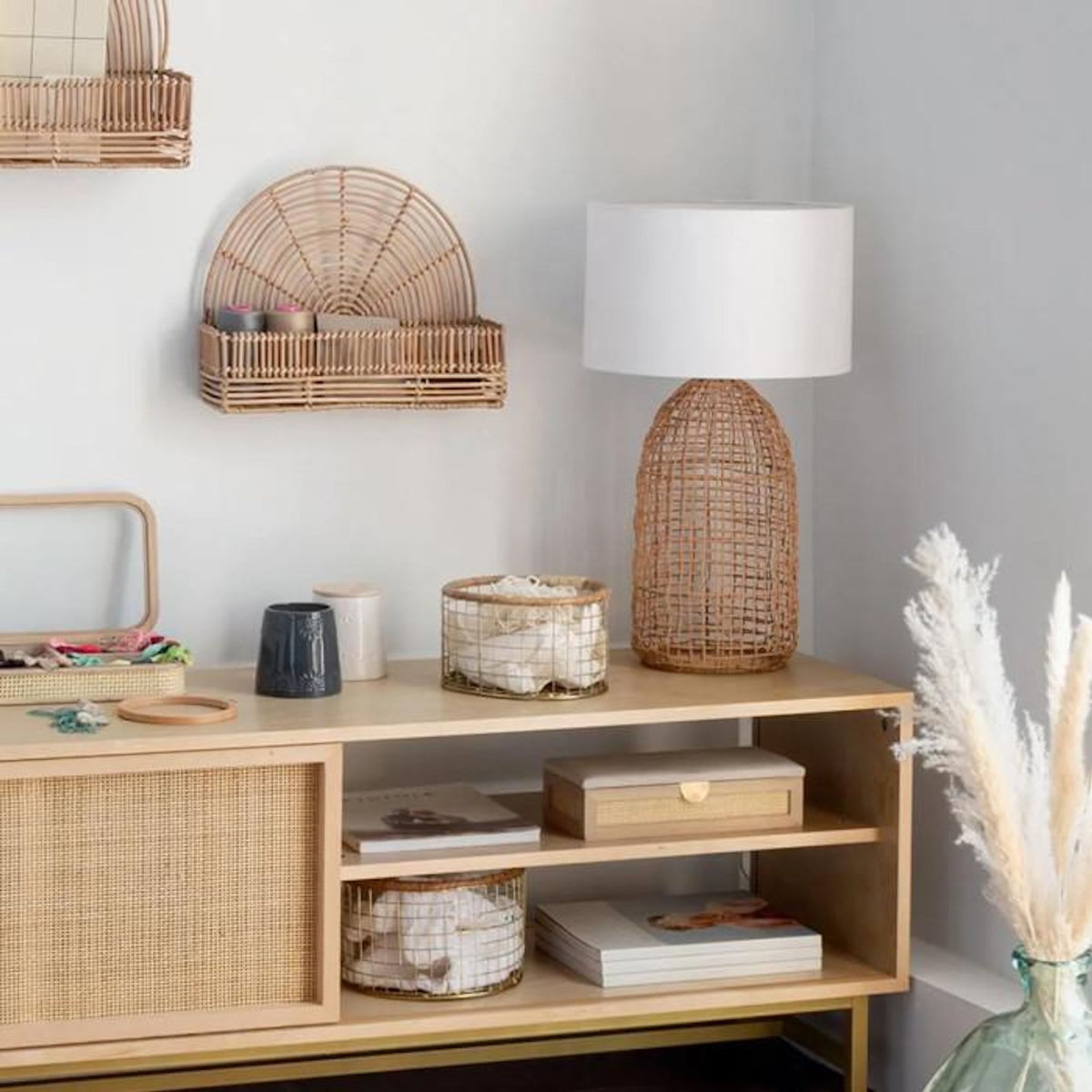 ATMOSPHERA Lampe Cylindrique en Rotin  Karla  55cm Beige