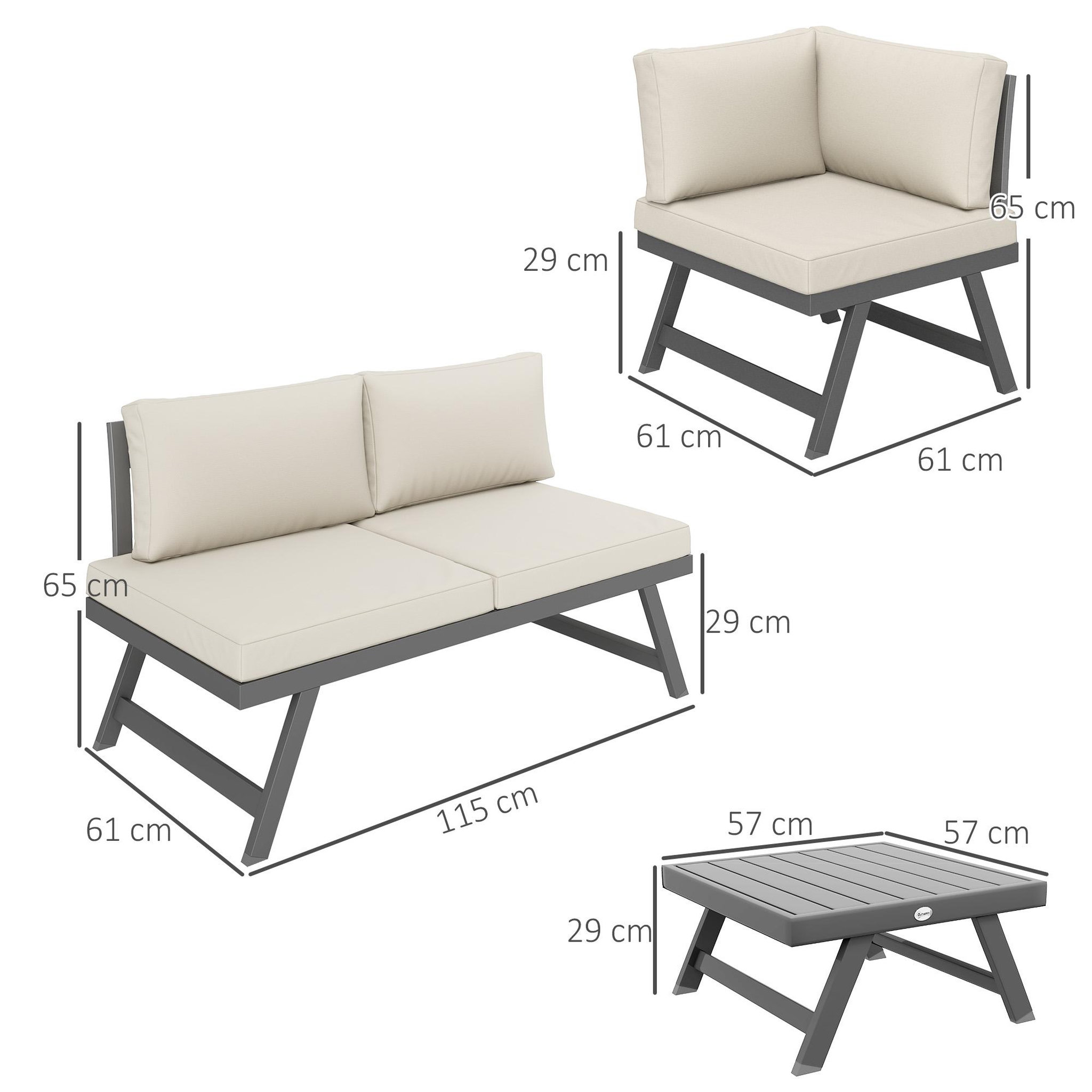 Voir la diapositive 3 : OUTSUNNY Ensemble salon de jardin modulable 5 personnes 4 pièces design alu gris coussins beige