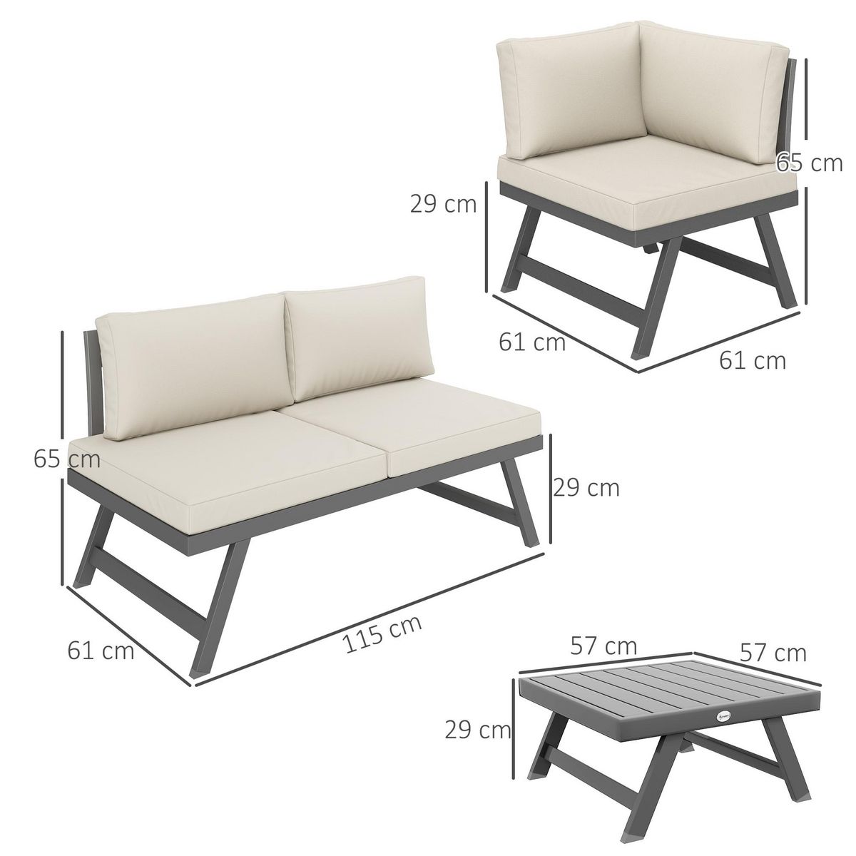 OUTSUNNY Ensemble salon de jardin modulable 5 personnes 4 pièces design alu gris coussins beige