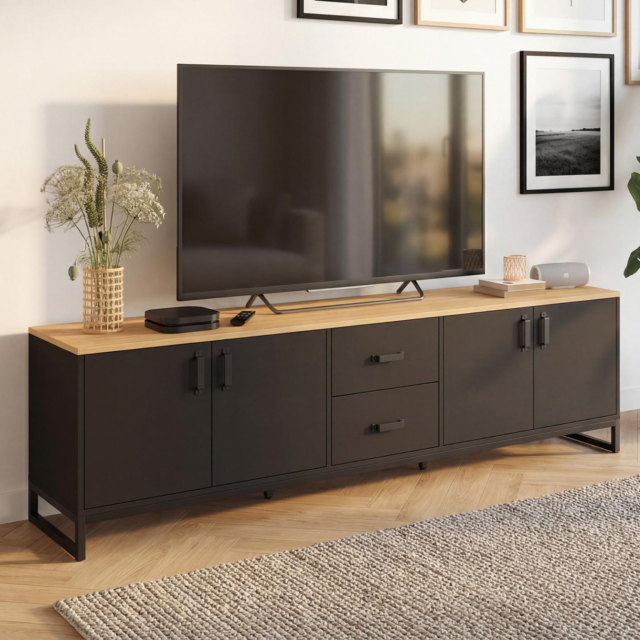 Voir la diapositive 2 : ID MARKET Meuble tv 180 cm washington 4 portes et 2 tiroirs bois et noir