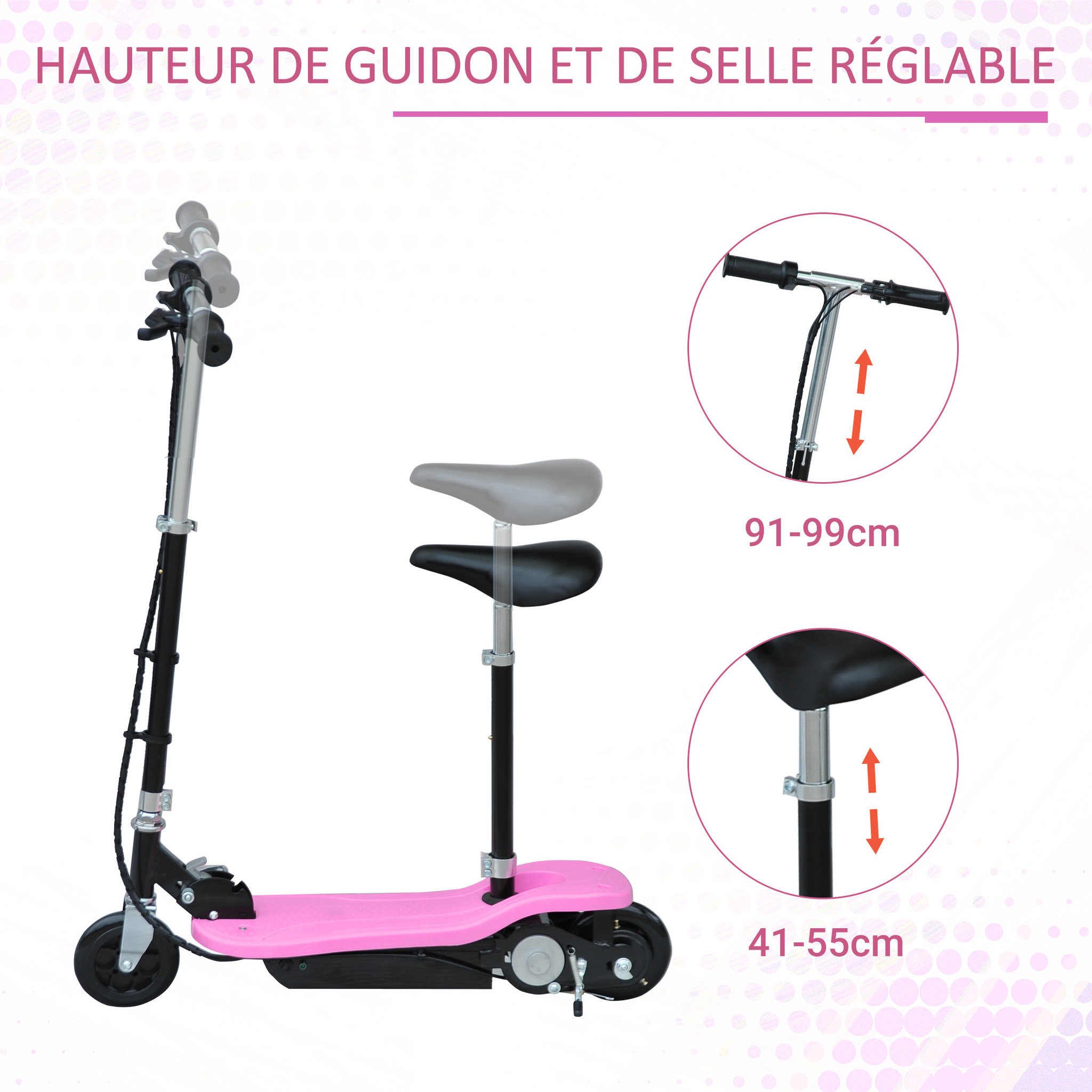 Voir la diapositive 5 : HOMCOM Trottinette électrique 120 W pliable pour enfants à partir de 7 ans hauteur de guidon et selle réglable 10 Km/h max. rose noir