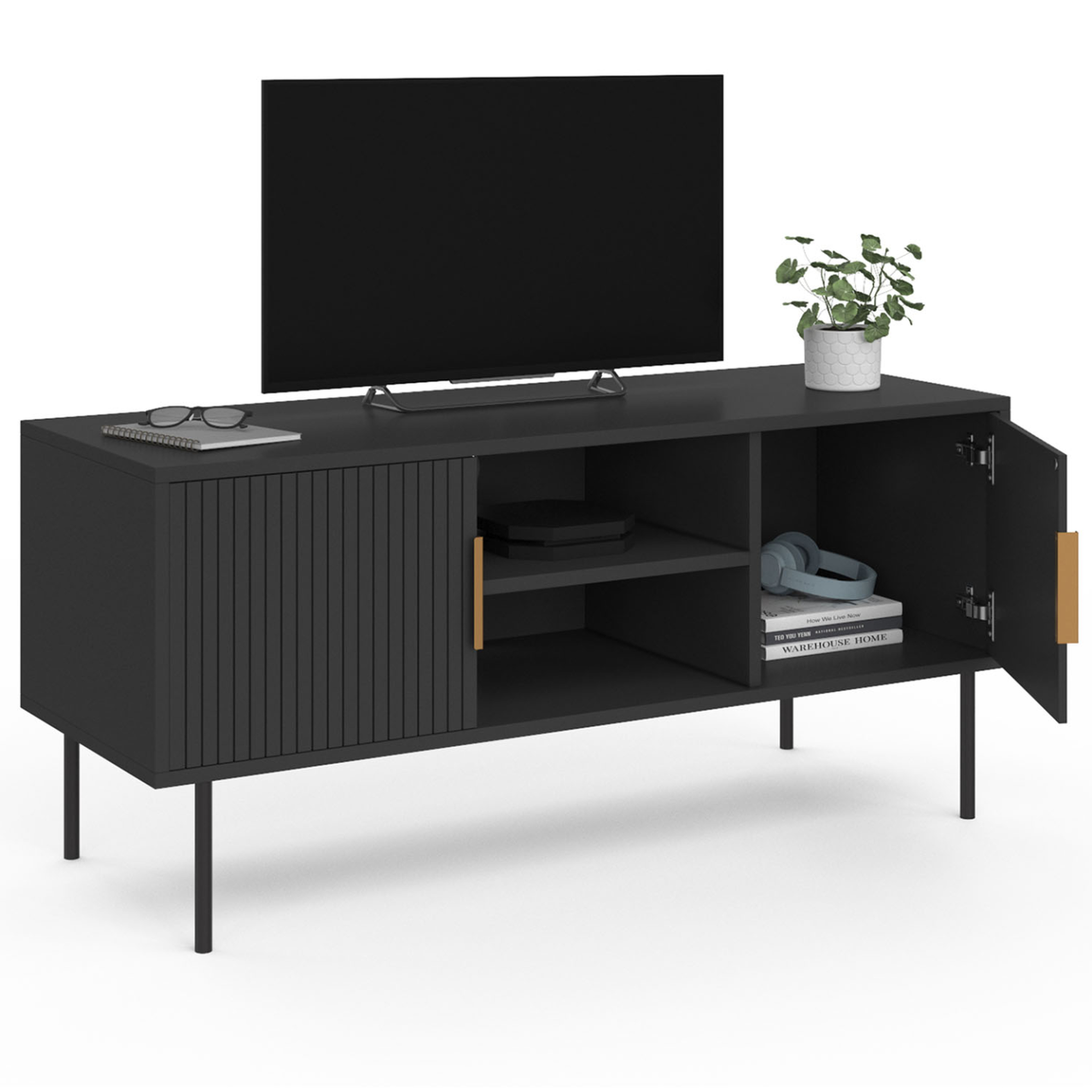 Voir la diapositive 4 : ID MARKET Meuble tv 110 cm marcel 2 portes lattes tasseau bois noir