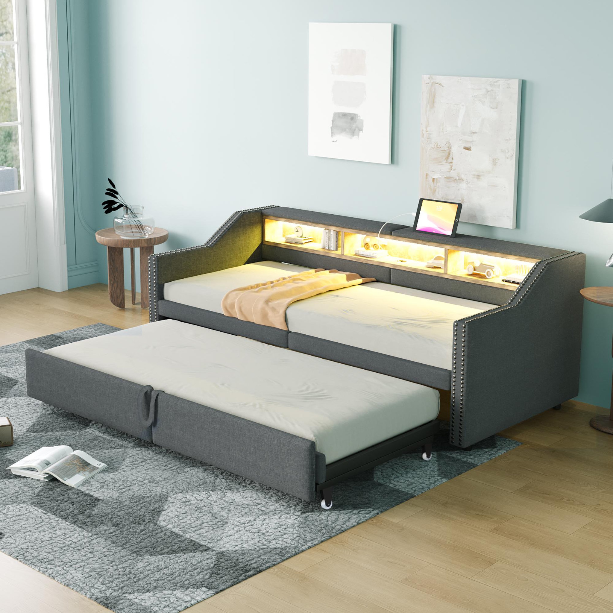 Voir la diapositive 4 : MERAX Lit banquette gigogne rembourré 90x200cm