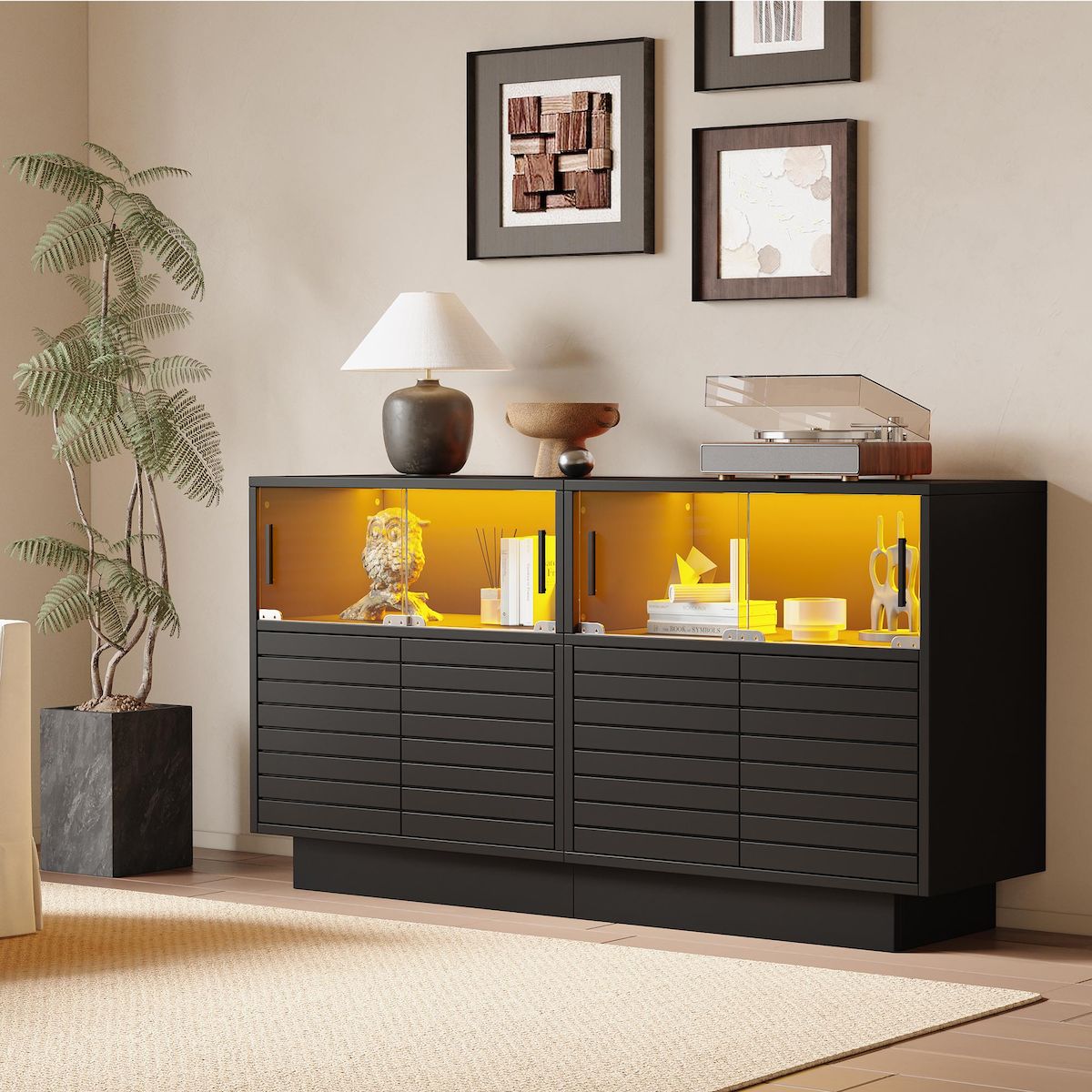 MERAX Buffet 4 porte(s) 0 tiroir(s) - 130 cm noir led panneau de particules