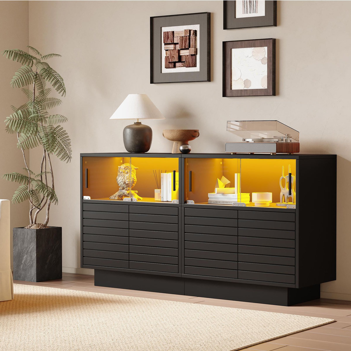 MERAX Buffet 4 porte(s) 0 tiroir(s) - 130 cm noir led panneau de particules