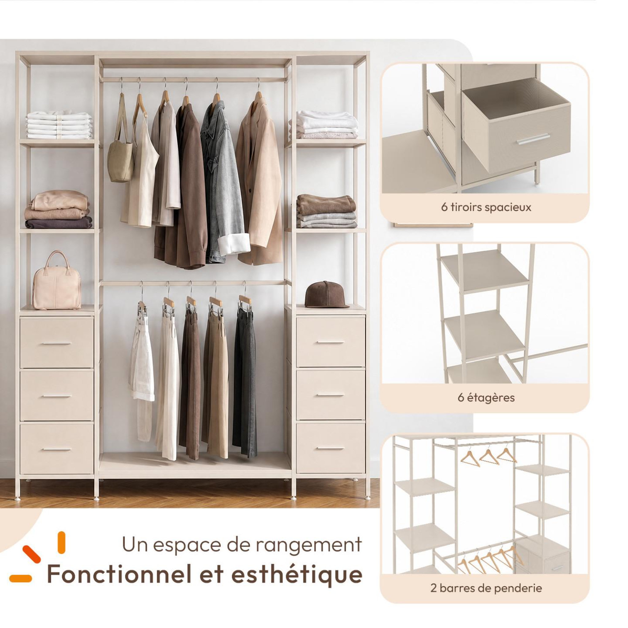 Voir la diapositive 3 : ID MARKET Dressing double penderie + double colonne l. 140 cm utah avec 6 étagères et 6 bacs en tissu beige