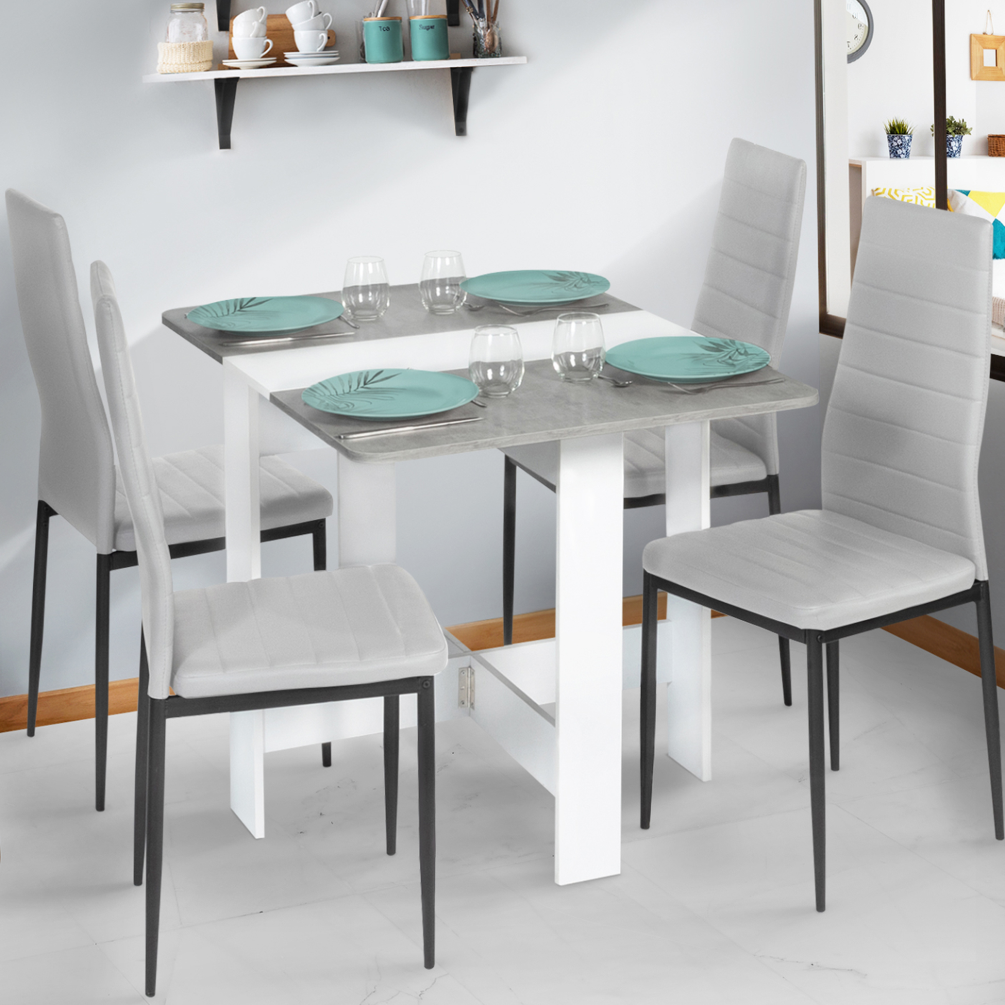 Voir la diapositive 5 : ID MARKET Table console pliable edi 2-4 personnes blanche plateau effet béton 103 x 76 cm