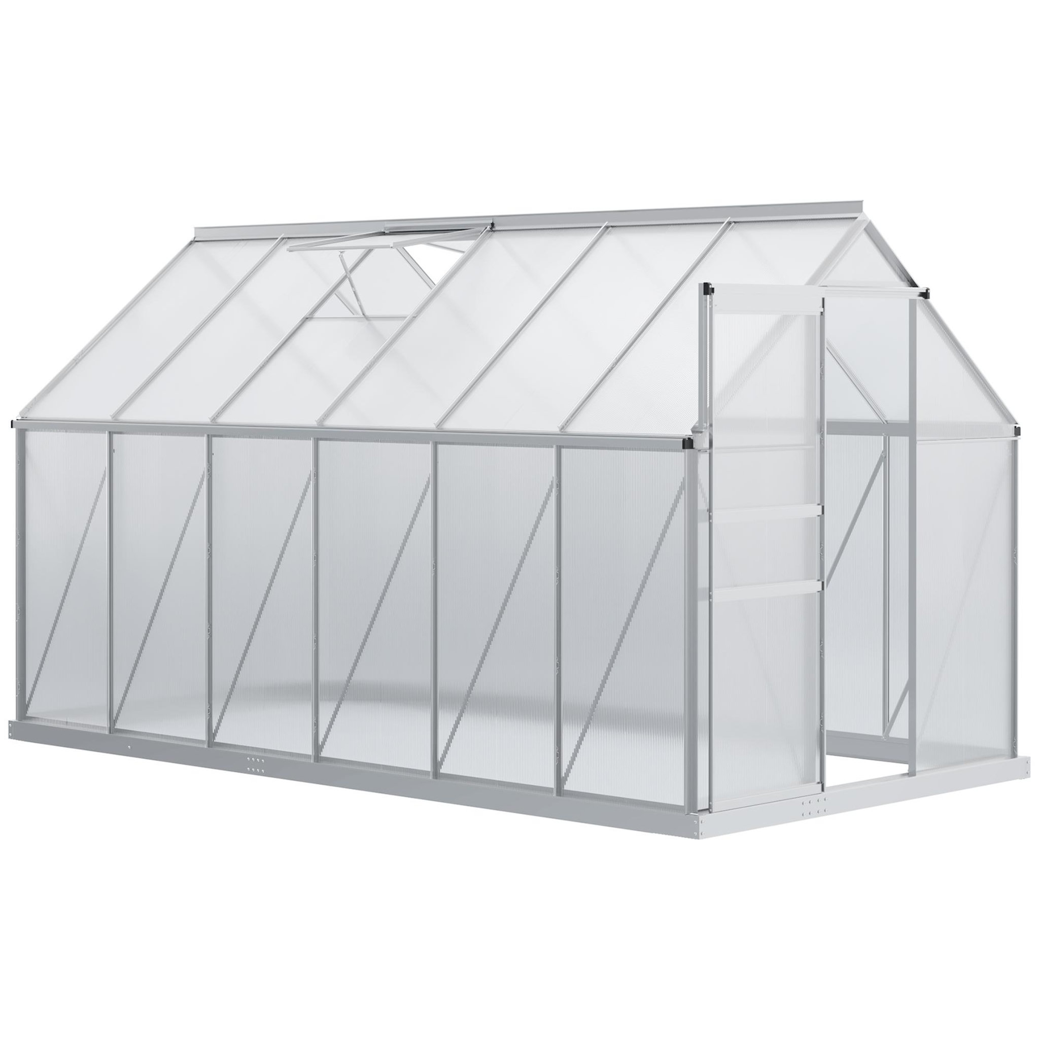 OUTSUNNY Serre de jardin aluminium polycarbonate 7,12 m² dim. 3,75l x 1,9l x 2h m lucarne réglable fondation porte coulissante