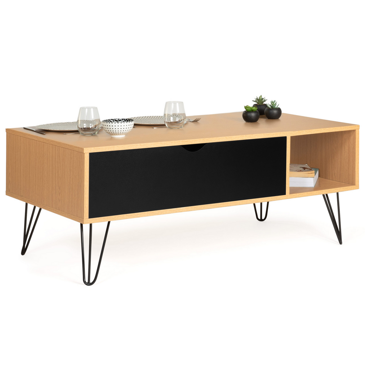 ID MARKET Table basse plateau relevable rectangulaire NOEMI bois pied épingle