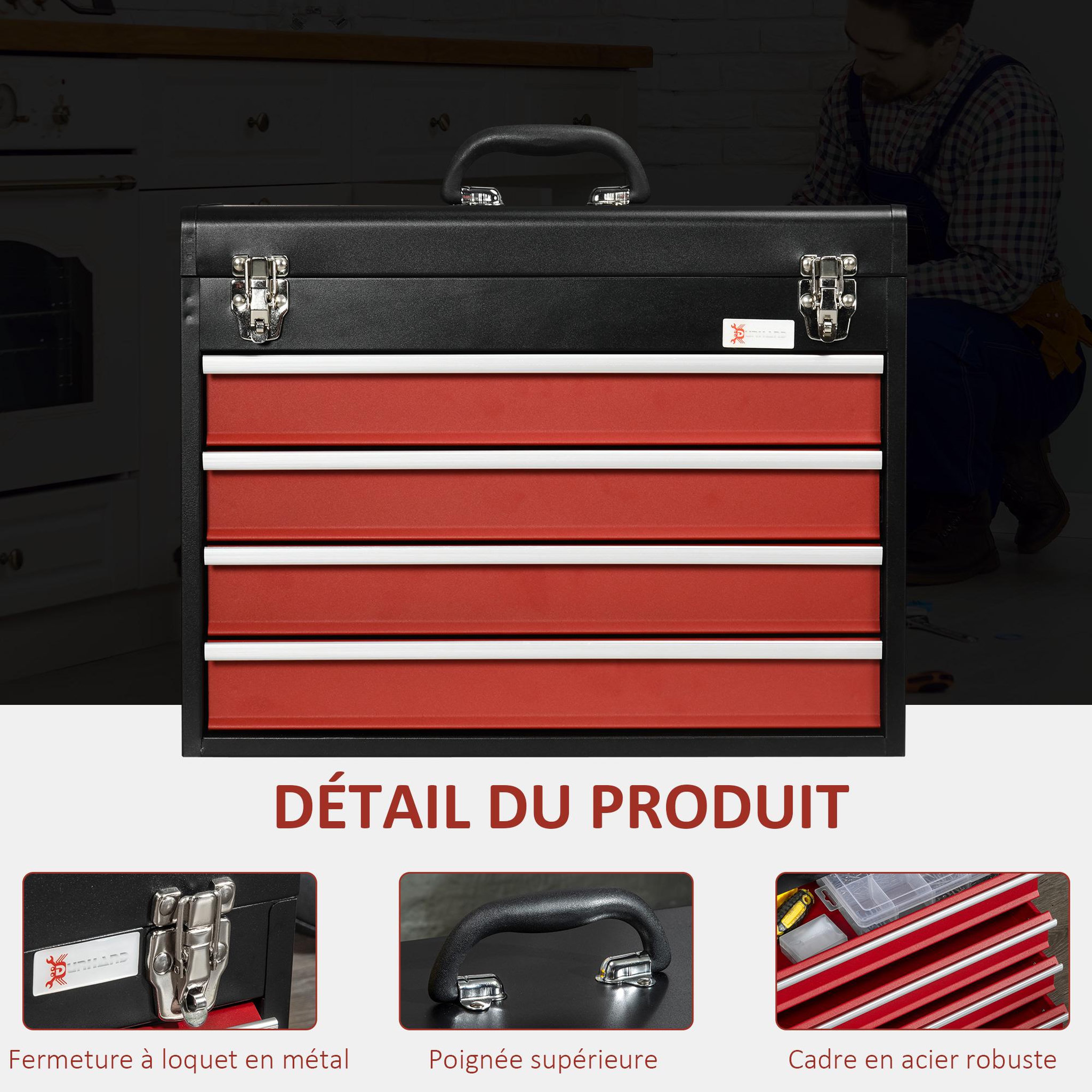 Voir la diapositive 4 : HOMCOM Boite à outils métallique coffret à outils caisse à outils 4 tiroirs + plateau tôle acier rouge noir