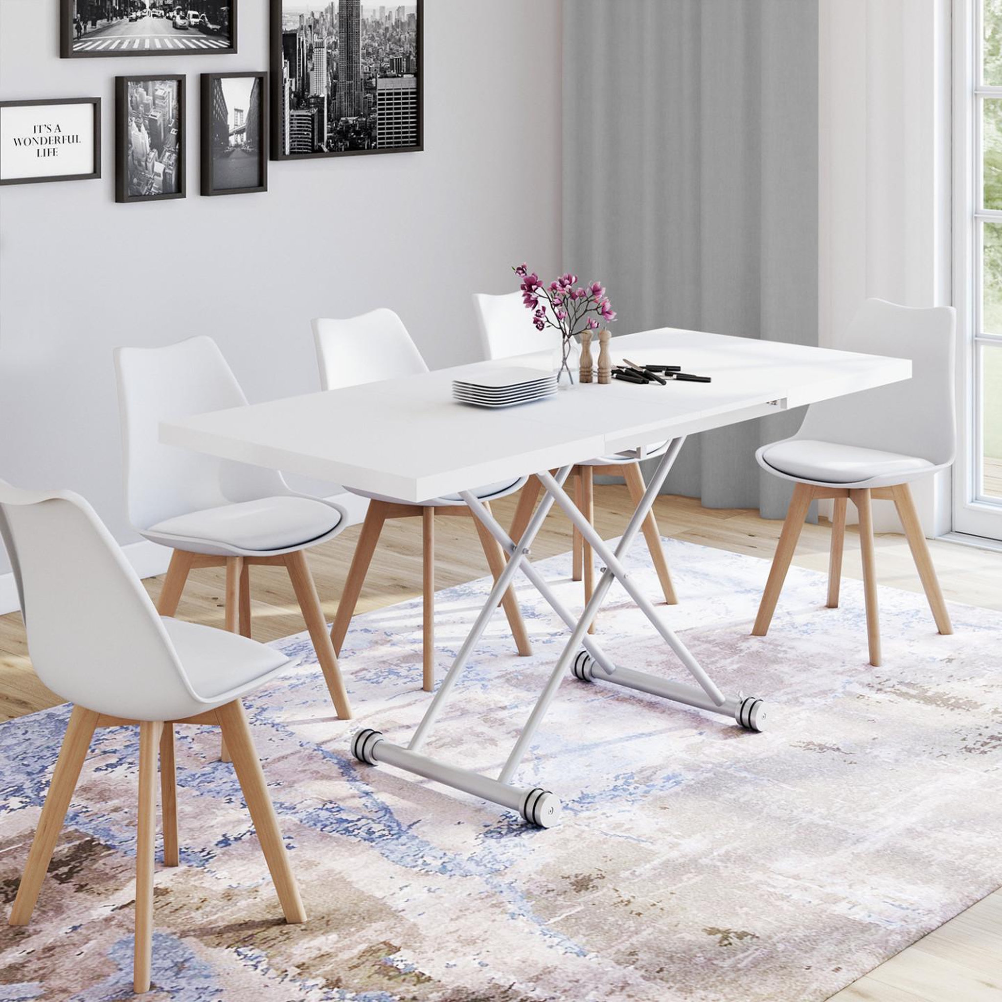 Voir la diapositive 3 : ID MARKET Table basse extensible relevable en table à manger rectangulaire altura 100-160 cm plateau blanc pied gris chromé