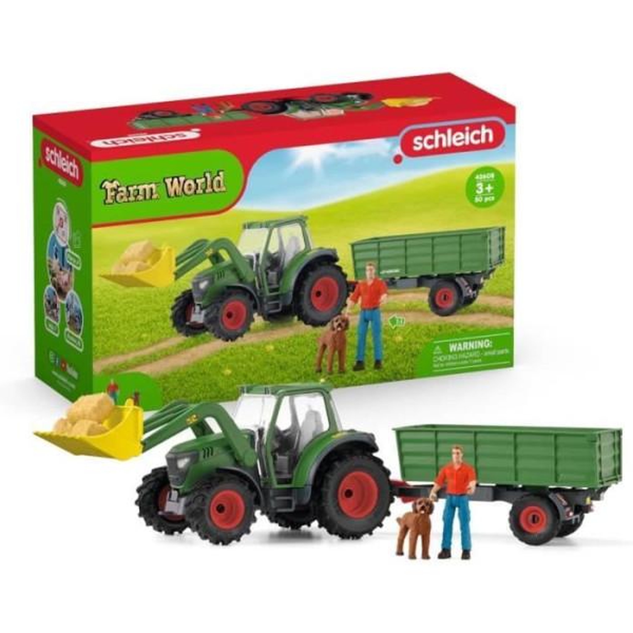 Schleich Tracteur et remorque, coffre schleich avec 1 tracteur, 1 rremorque, 1 figurine humaine articulée, 1 figurine chien, pour enfant