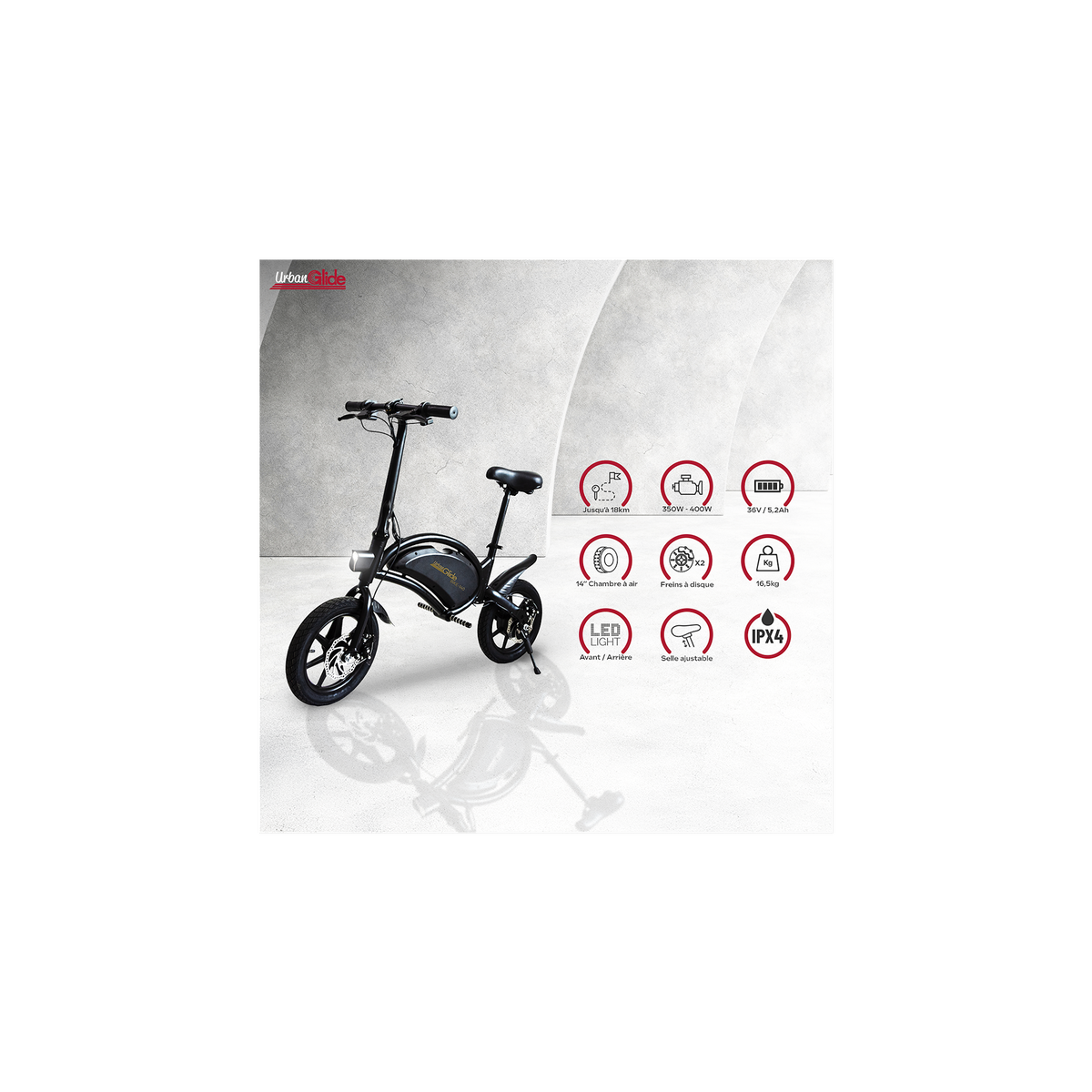 URBANGLIDE Draisienne Électrique Adulte UrbanGlide Bike 140, 25 km/h, Autonomie 20 km, Roues 14 pouces, Freins à disque, Pliable