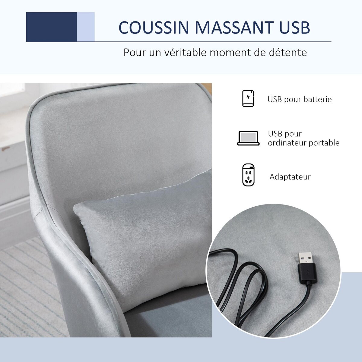 HOMCOM Chaise de bureau velours fauteuil bureau massant coussin lombaire intégré hauteur réglable pivotante 360° gris clair